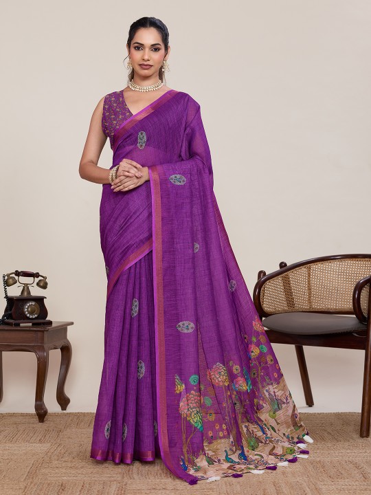 Purple Linen Silk Printed Zari Designer Saree