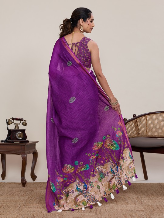 Purple Linen Silk Printed Zari Designer Saree — alternate view
