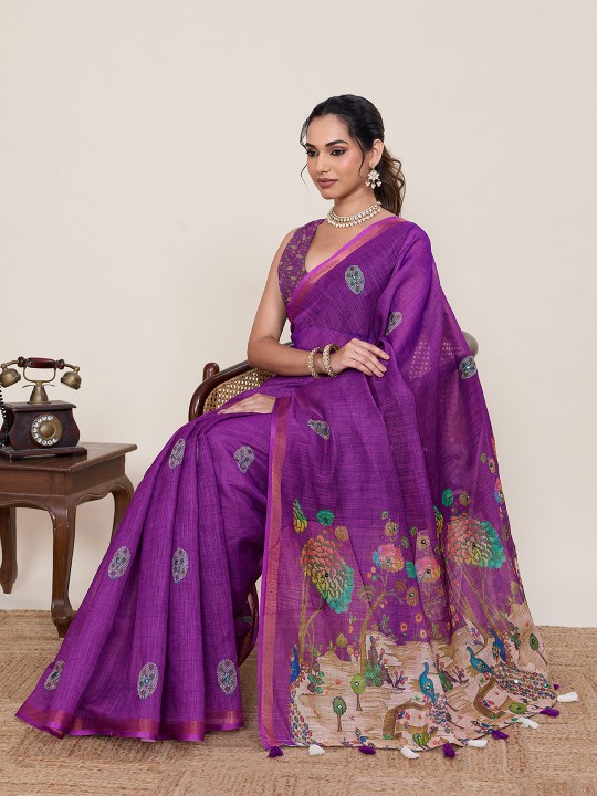 Purple Linen Silk Printed Zari Designer Saree