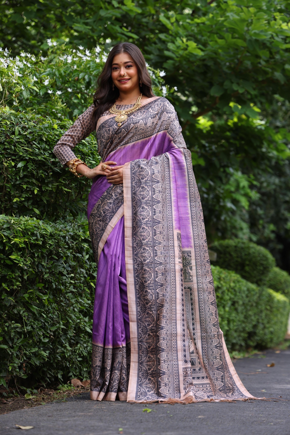 Purple Madhubani Printed Tussar Silk Saree