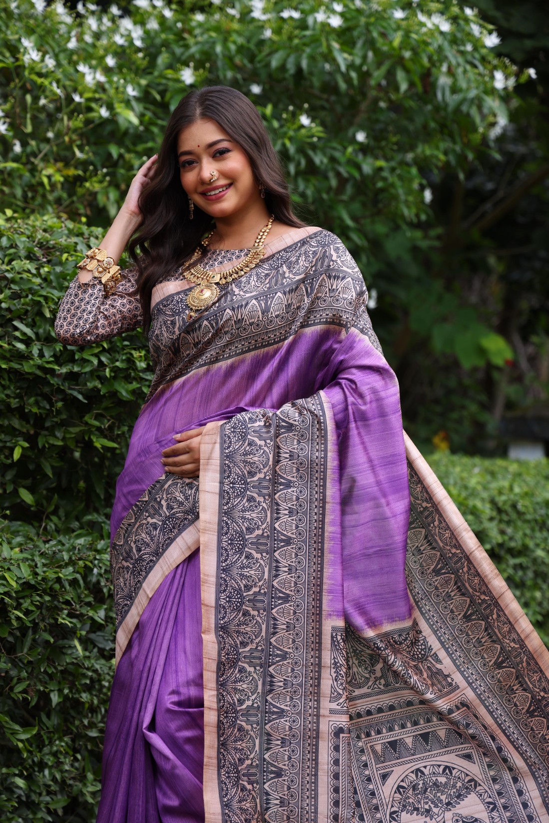Purple Madhubani Printed Tussar Silk Saree — alternate view