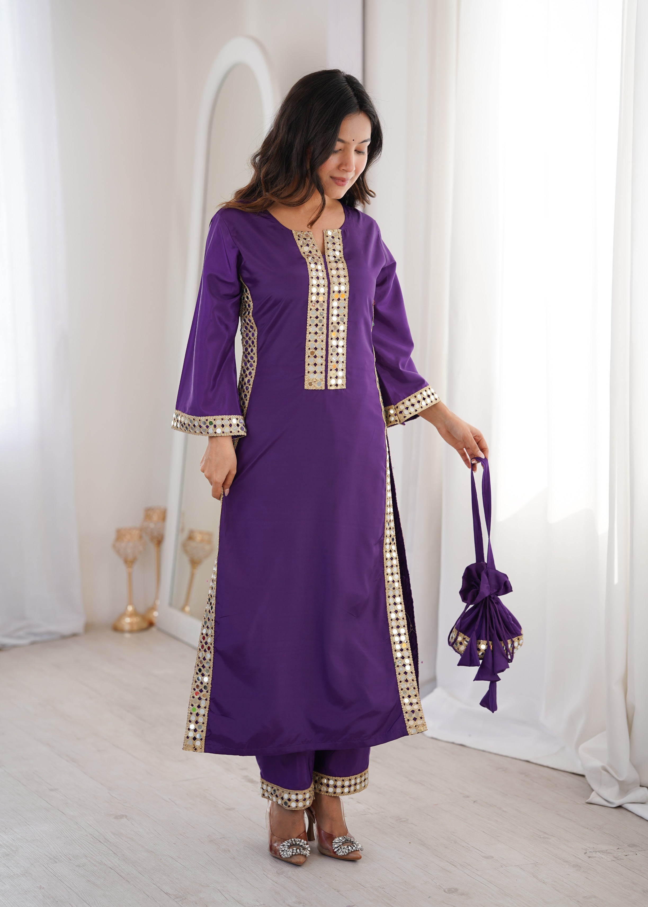 Purple Mirror Panel Embroidered Crepe Straight Kurta Set