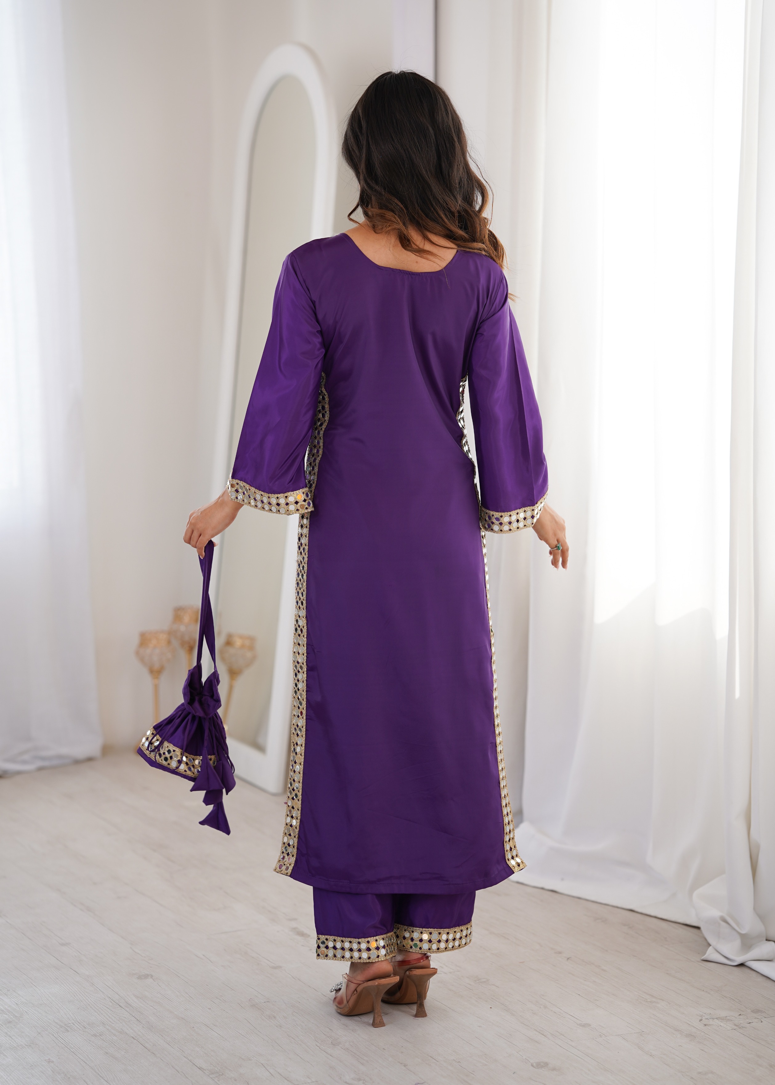 Purple Mirror Panel Embroidered Crepe Straight Kurta Set — alternate view