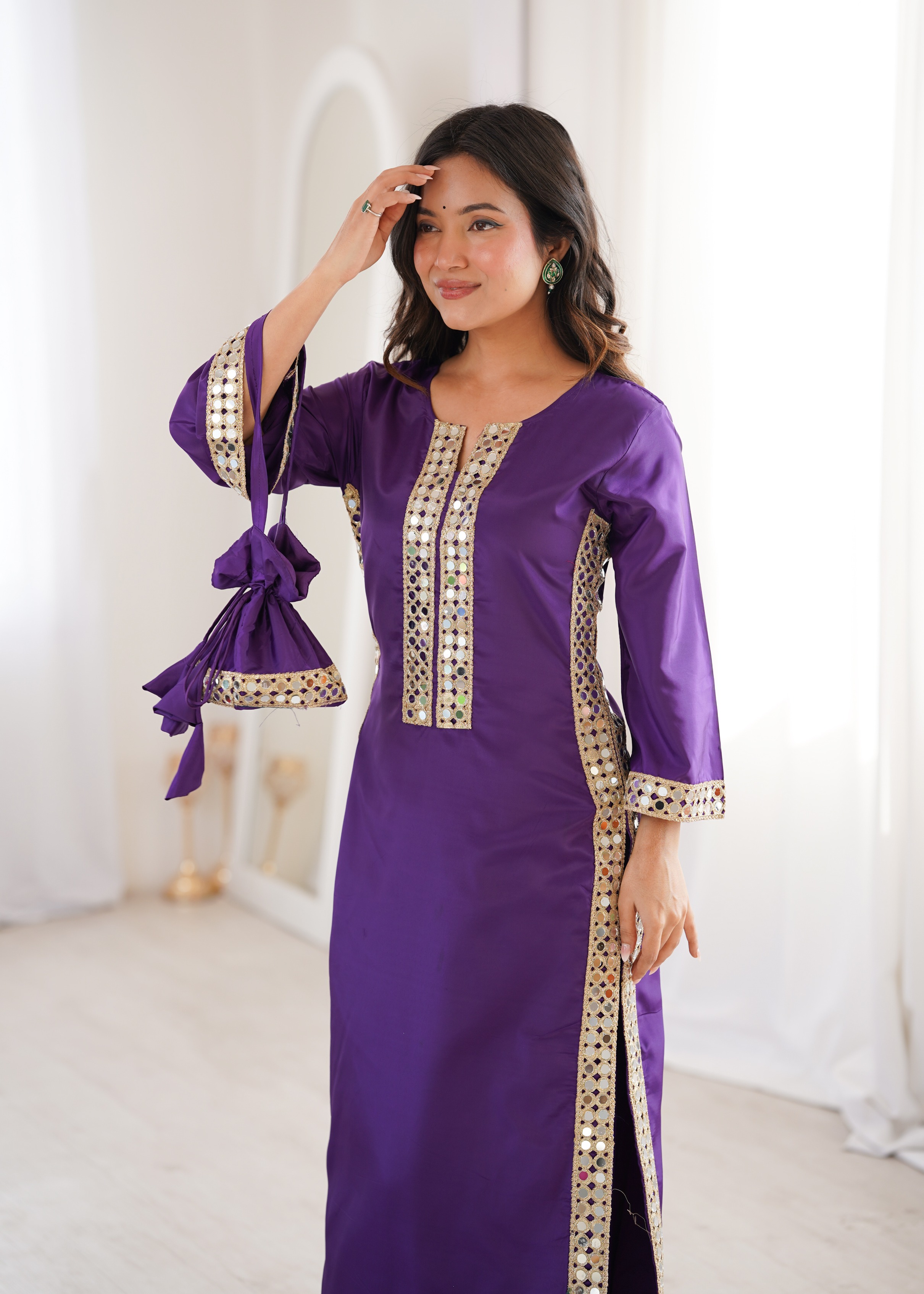 Purple Mirror Panel Embroidered Crepe Straight Kurta Set