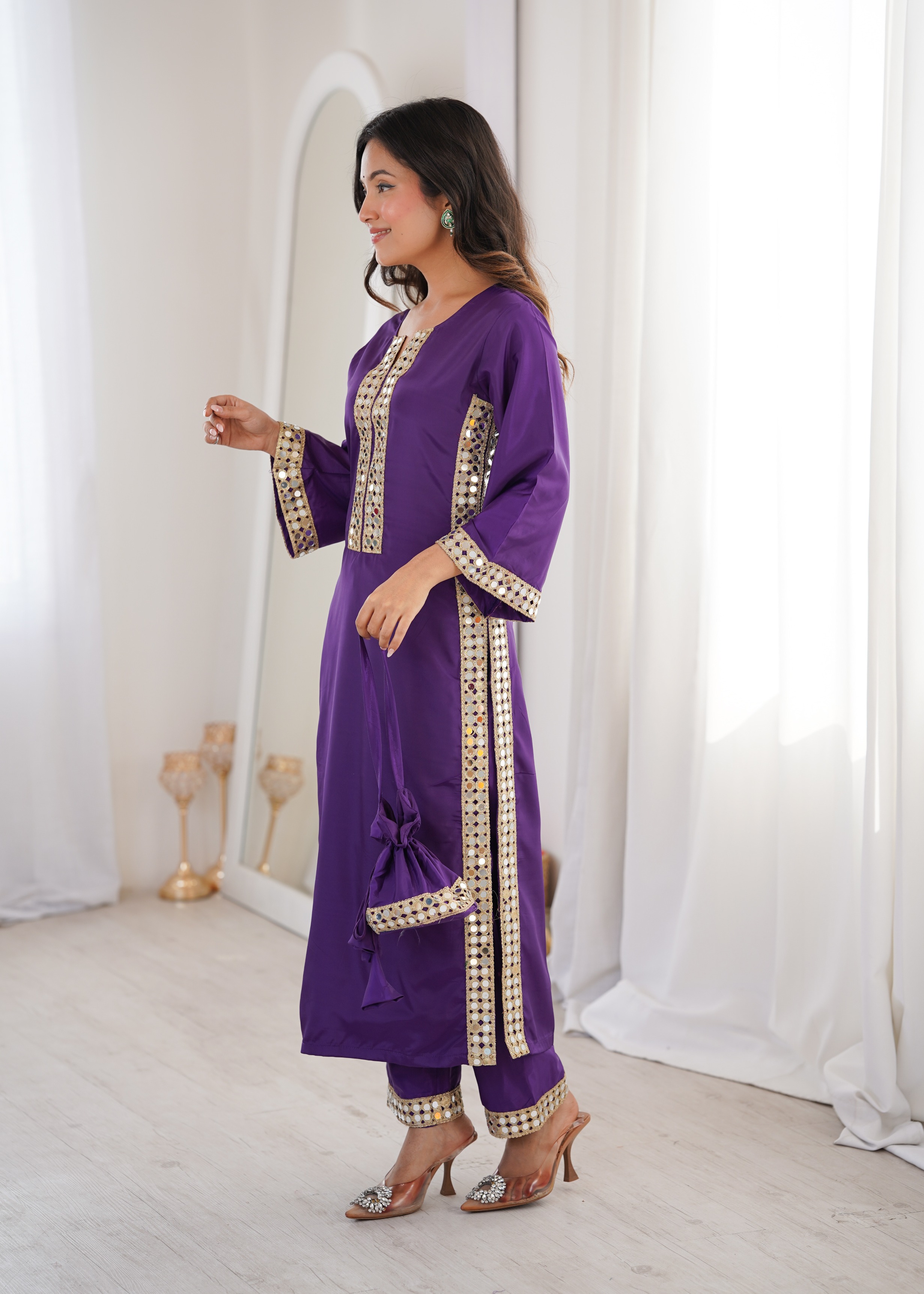 Purple Mirror Panel Embroidered Crepe Straight Kurta Set