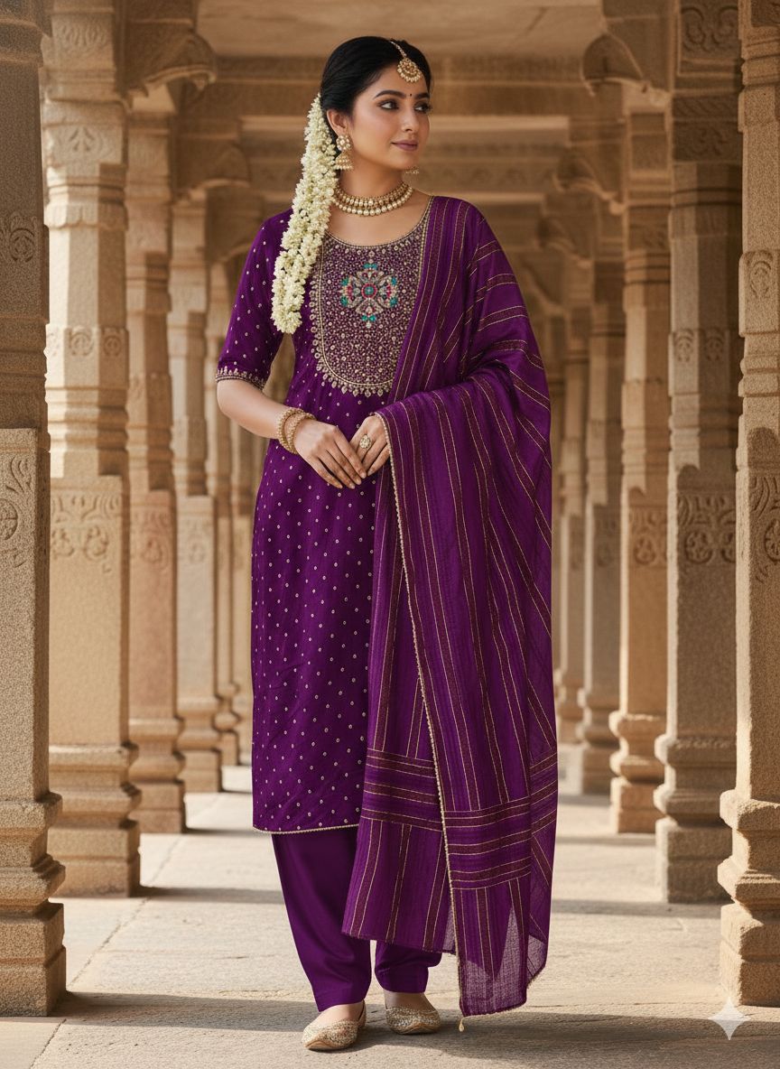 Purple Modal Buti Embroidered Salwar Suit