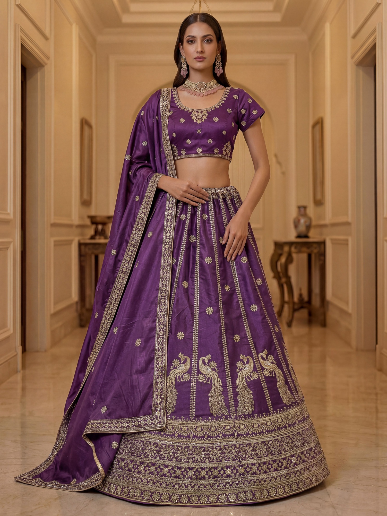 Purple Motif Zari Embroidery Silk Lehenga Choli