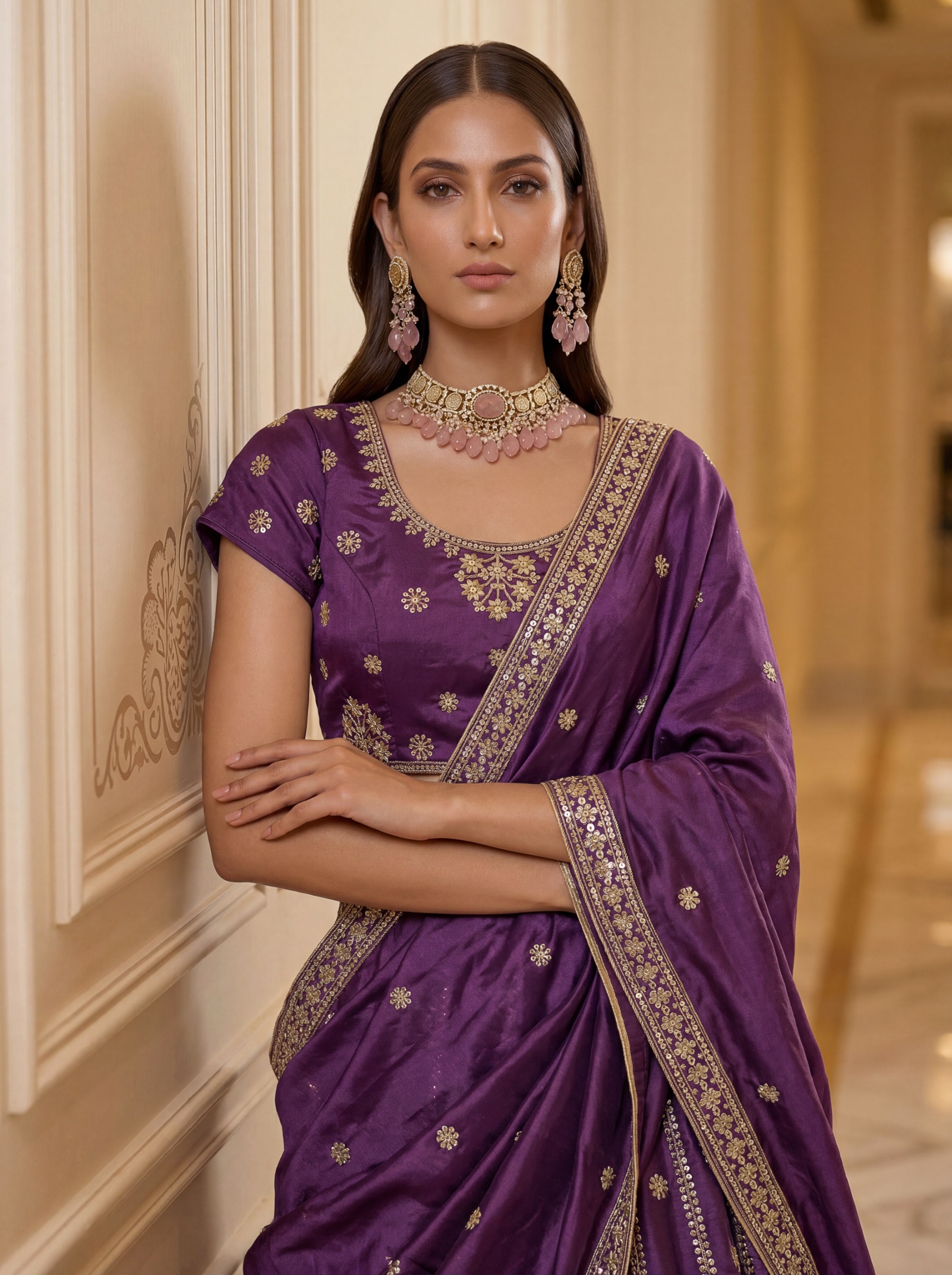 Purple Motif Zari Embroidery Silk Lehenga Choli
