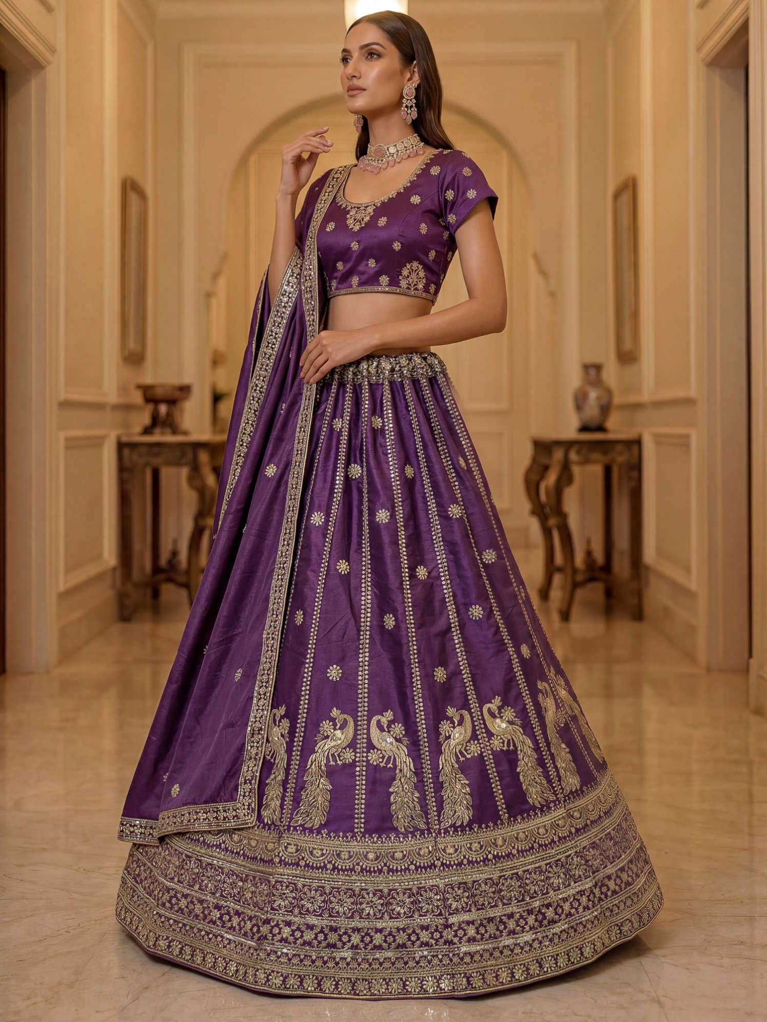 Purple Motif Zari Embroidery Silk Lehenga Choli