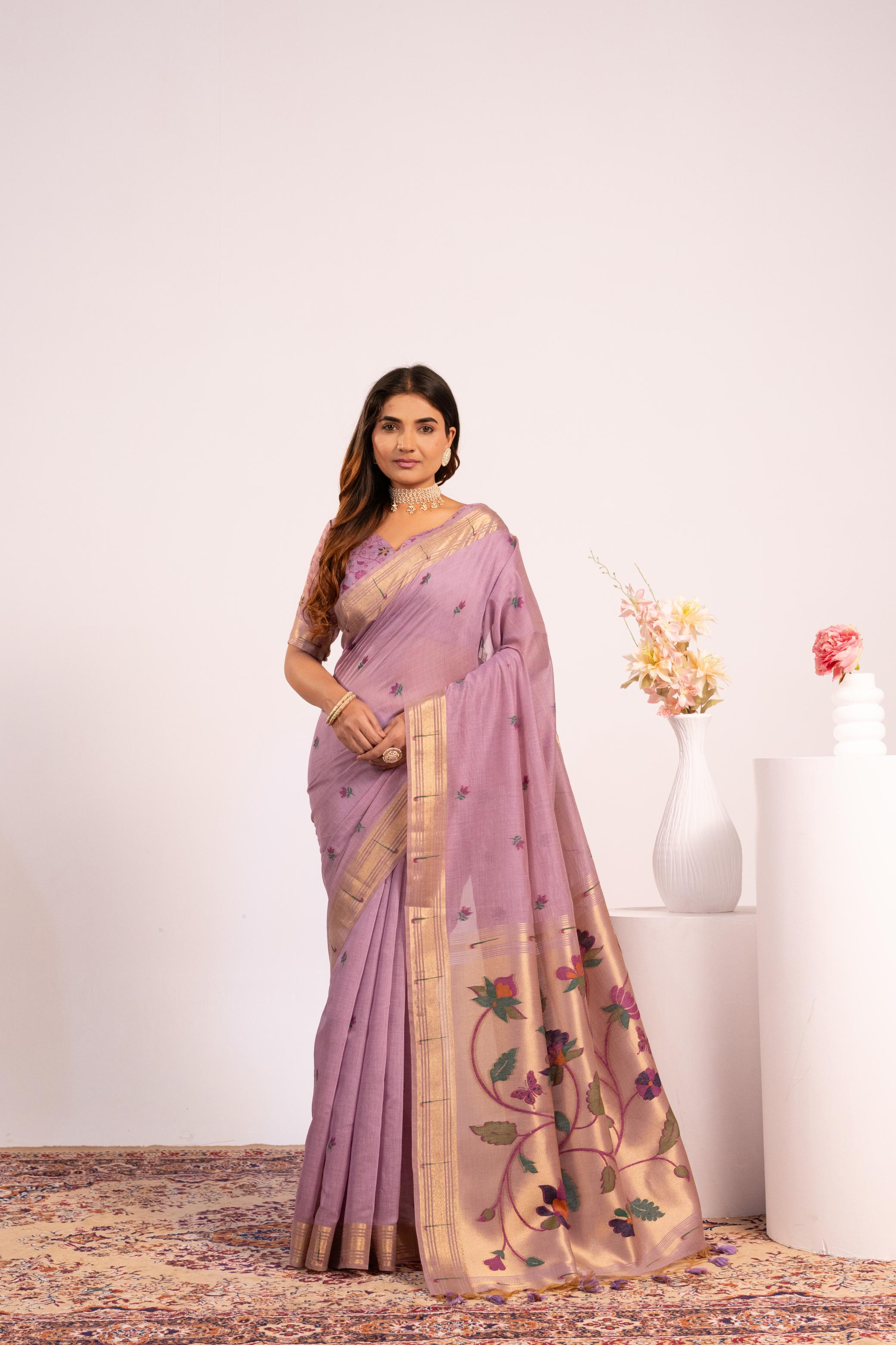 Purple Muga Cotton Designer Saree