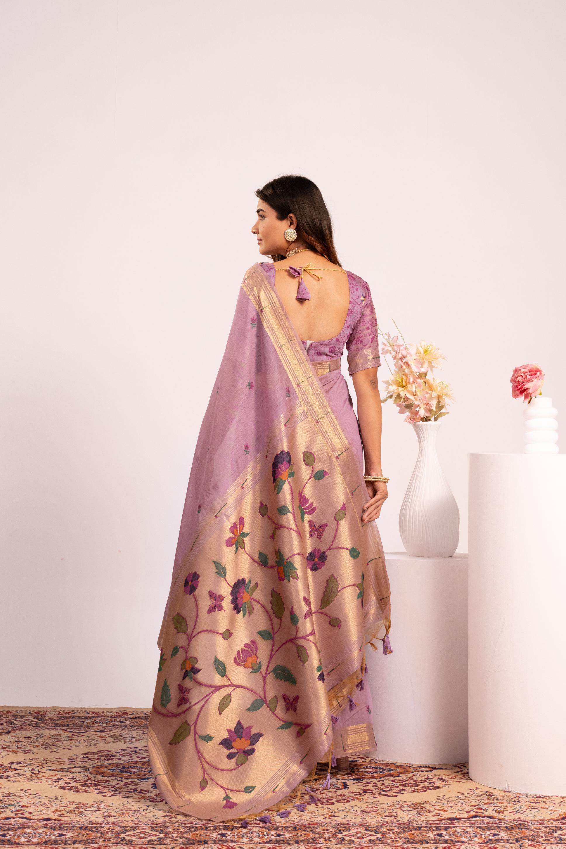 Purple Muga Cotton Designer Saree — alternate view