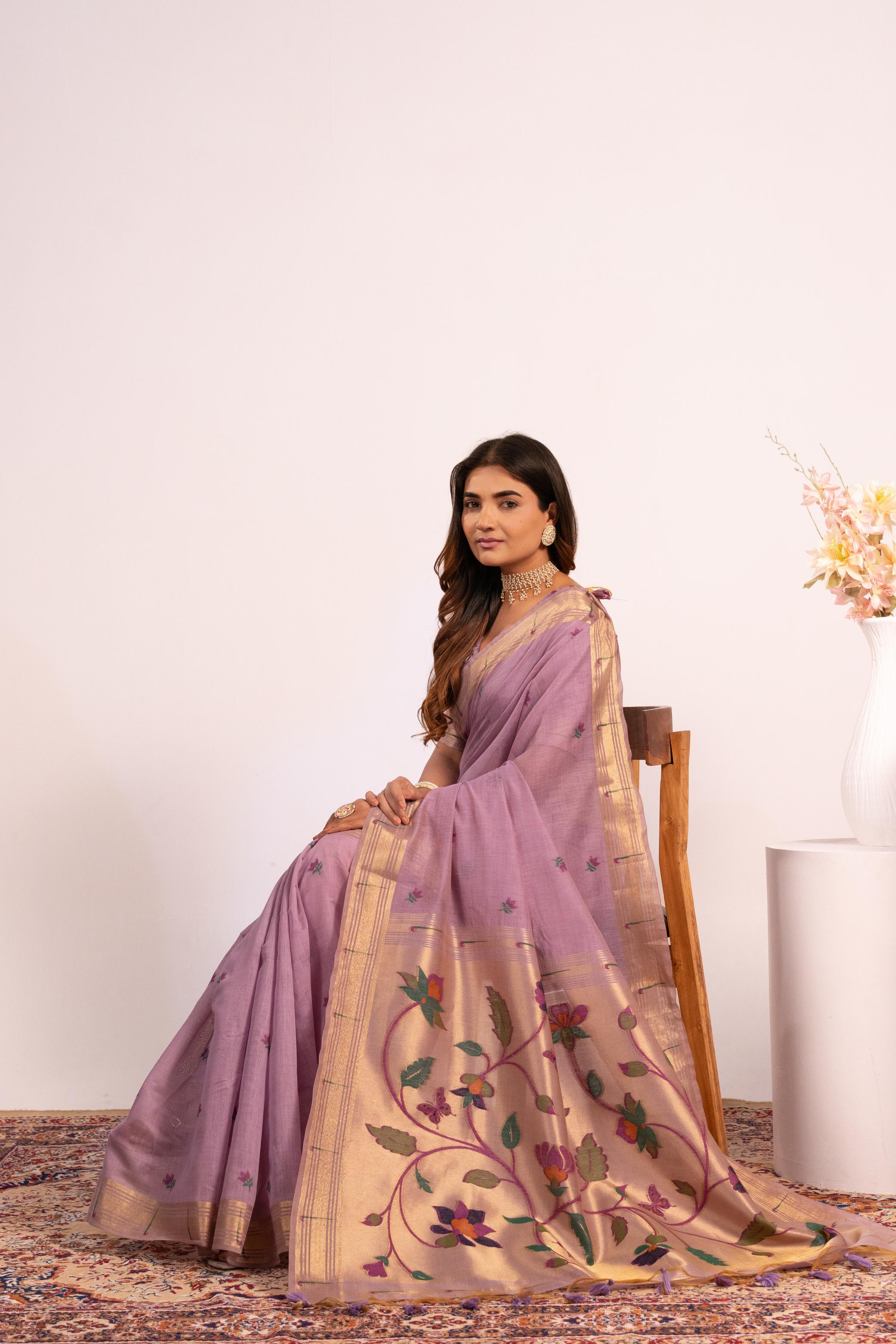 Purple Muga Cotton Designer Saree