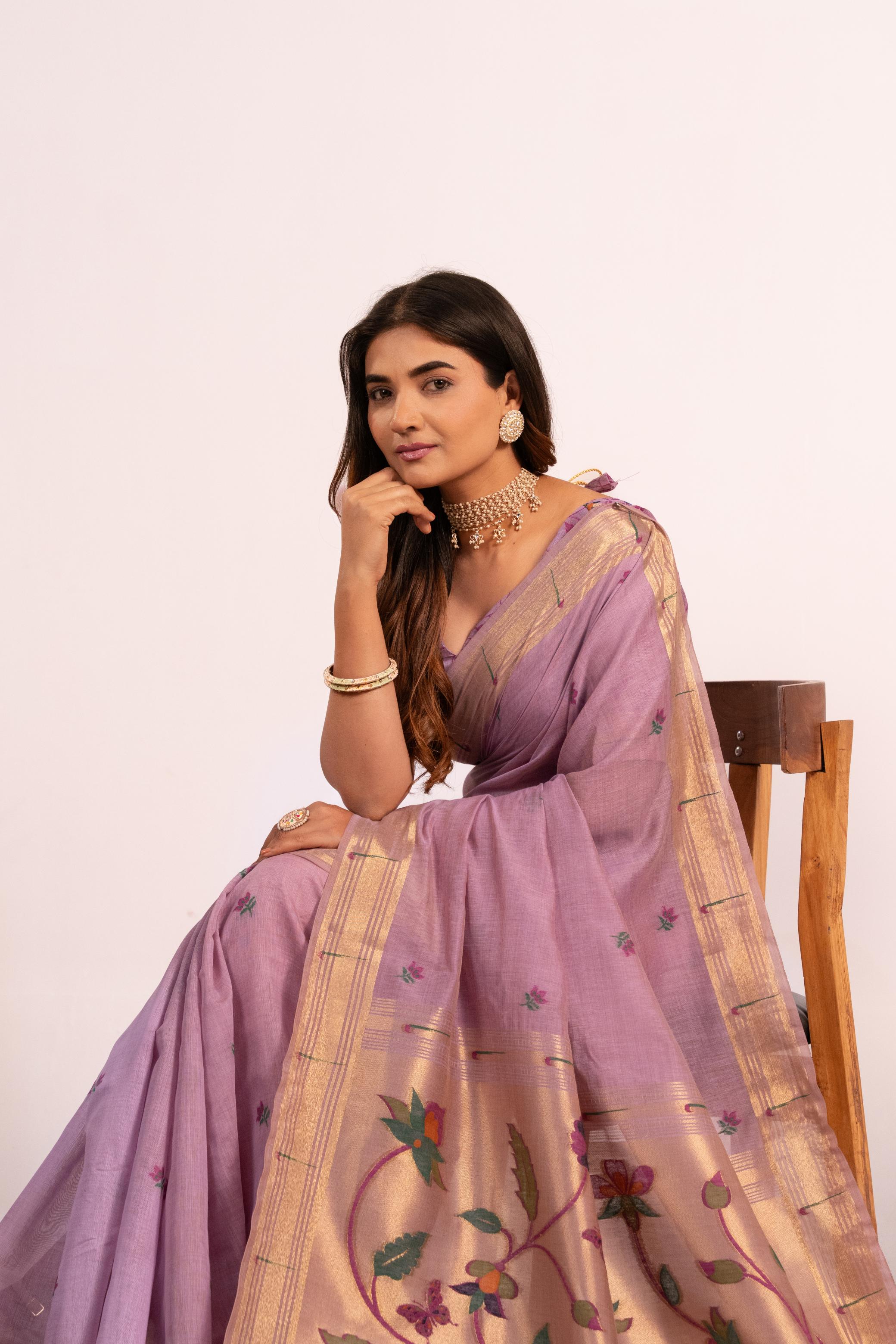 Purple Muga Cotton Designer Saree