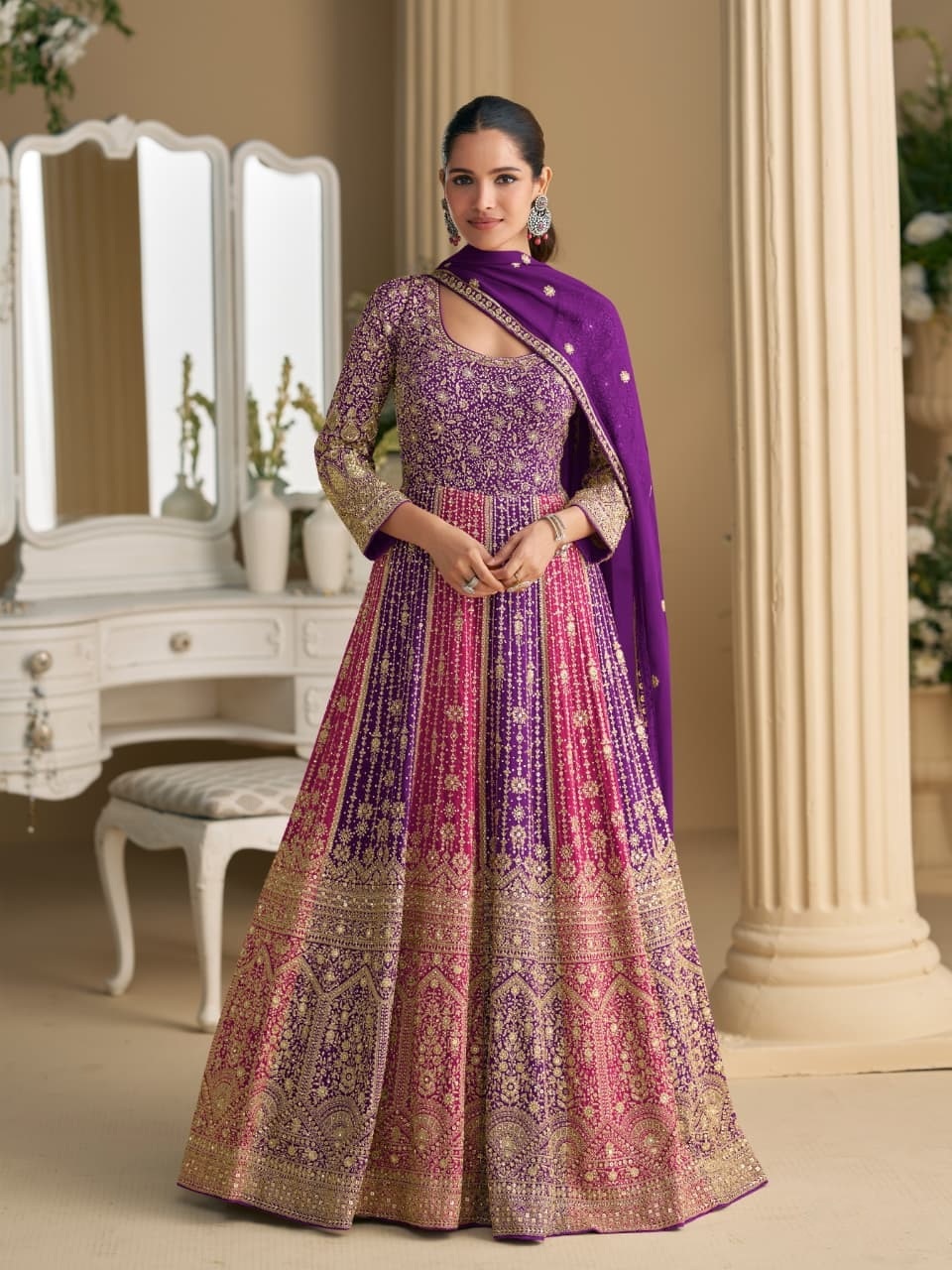 Purple Mughal Embroidered Georgette Anarkali Gown
