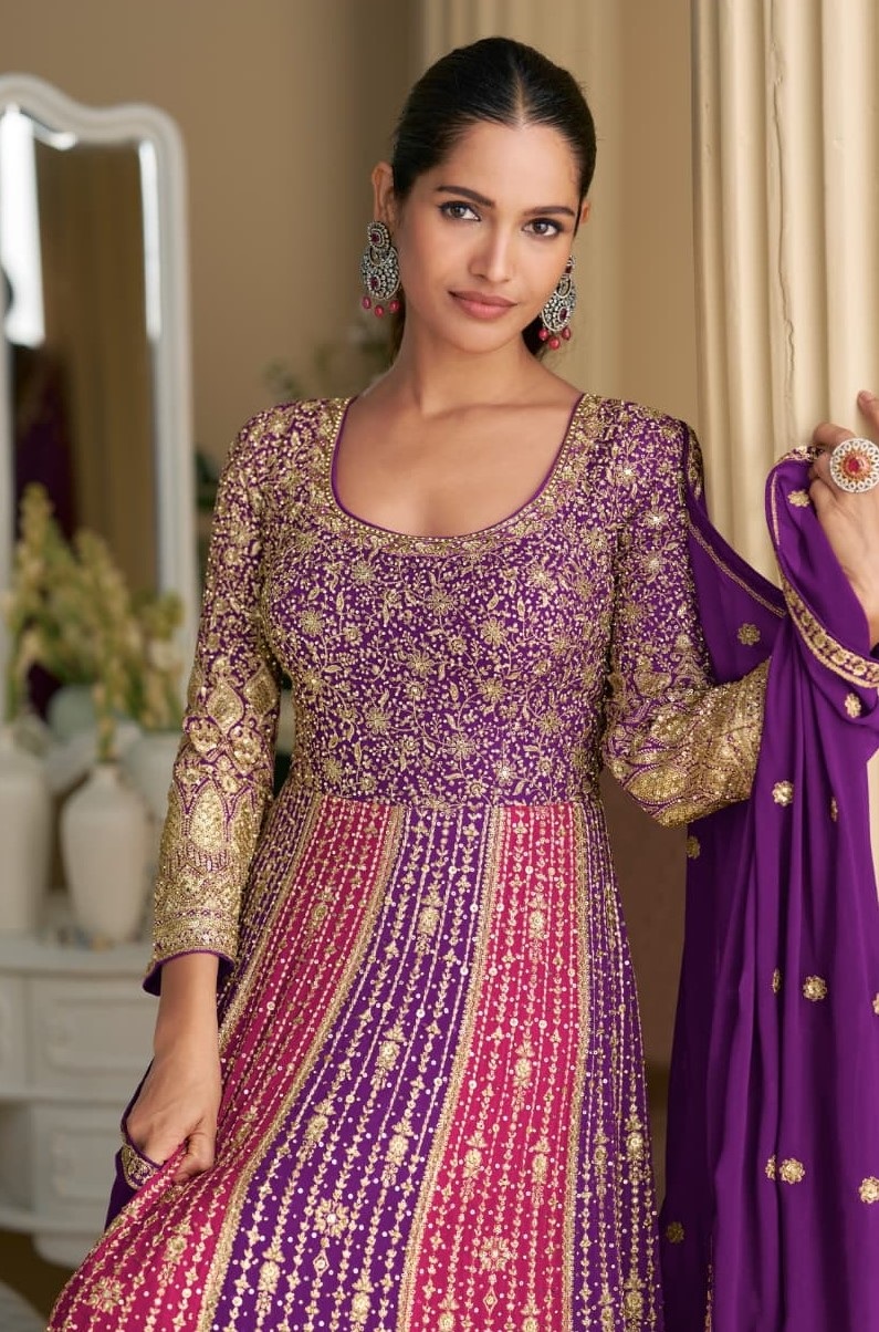 Purple Mughal Embroidered Georgette Anarkali Gown — alternate view