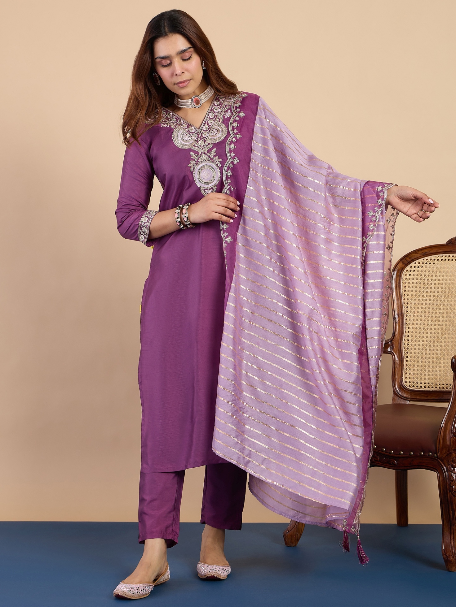 Purple Mughal Embroidered Roman Silk Kurta Set