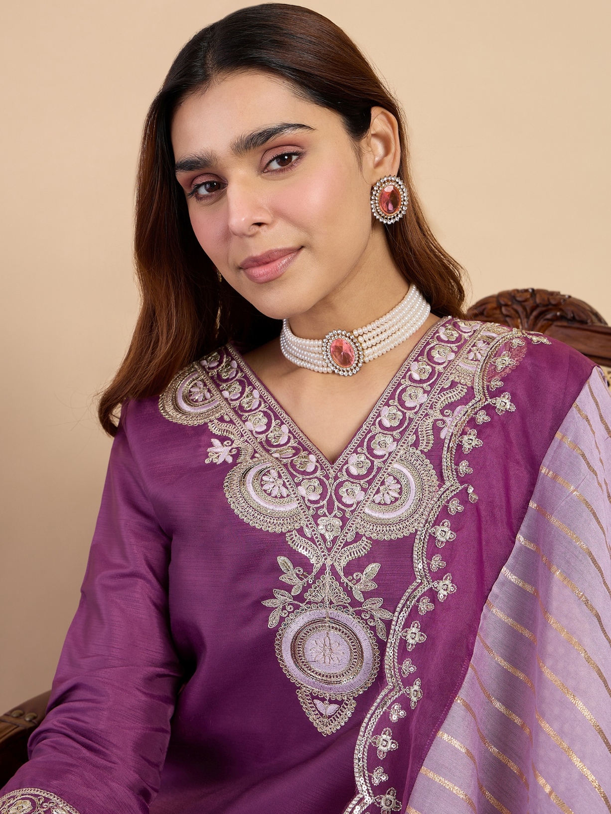 Purple Mughal Embroidered Roman Silk Kurta Set