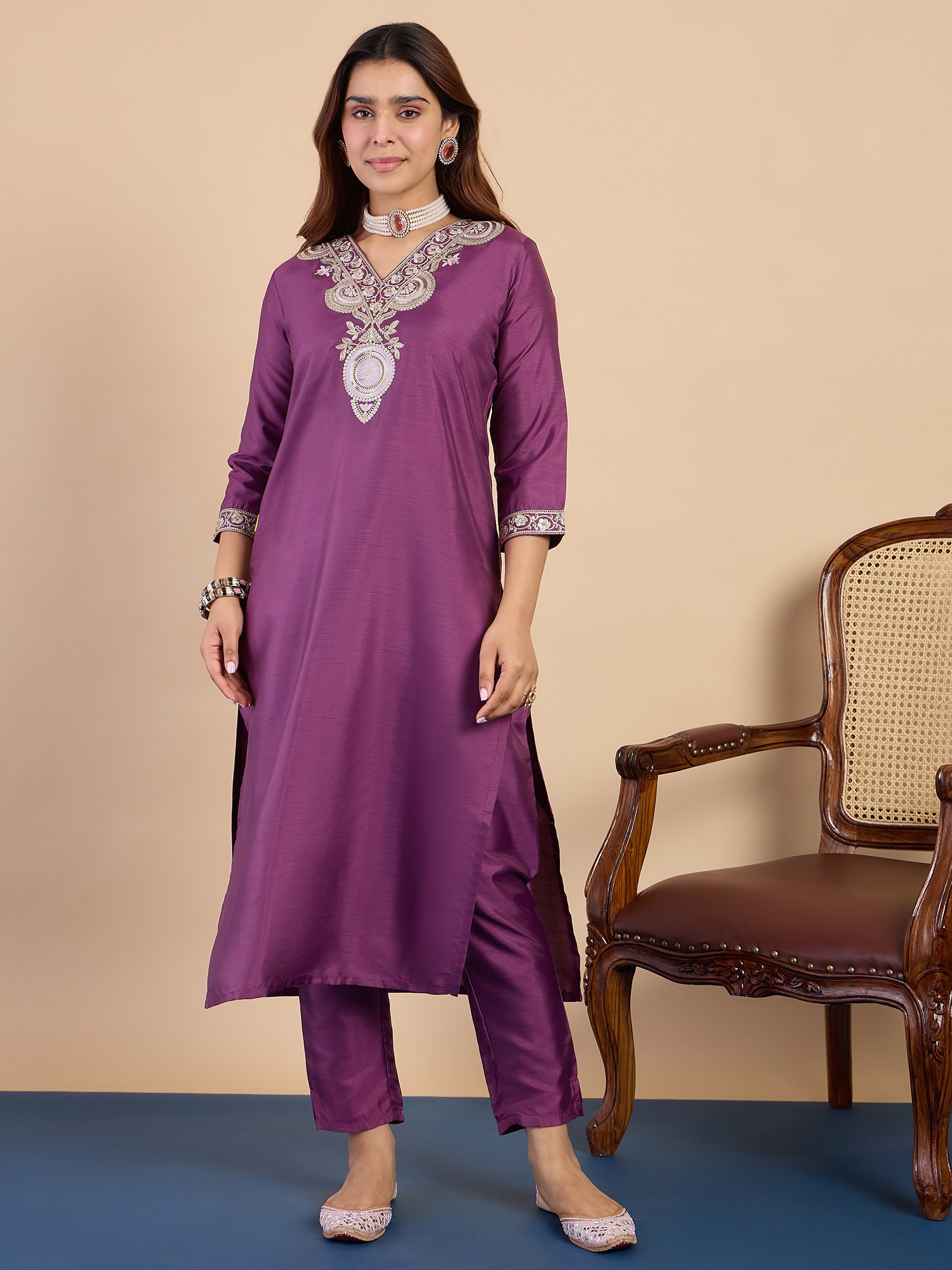 Purple Mughal Embroidered Roman Silk Kurta Set