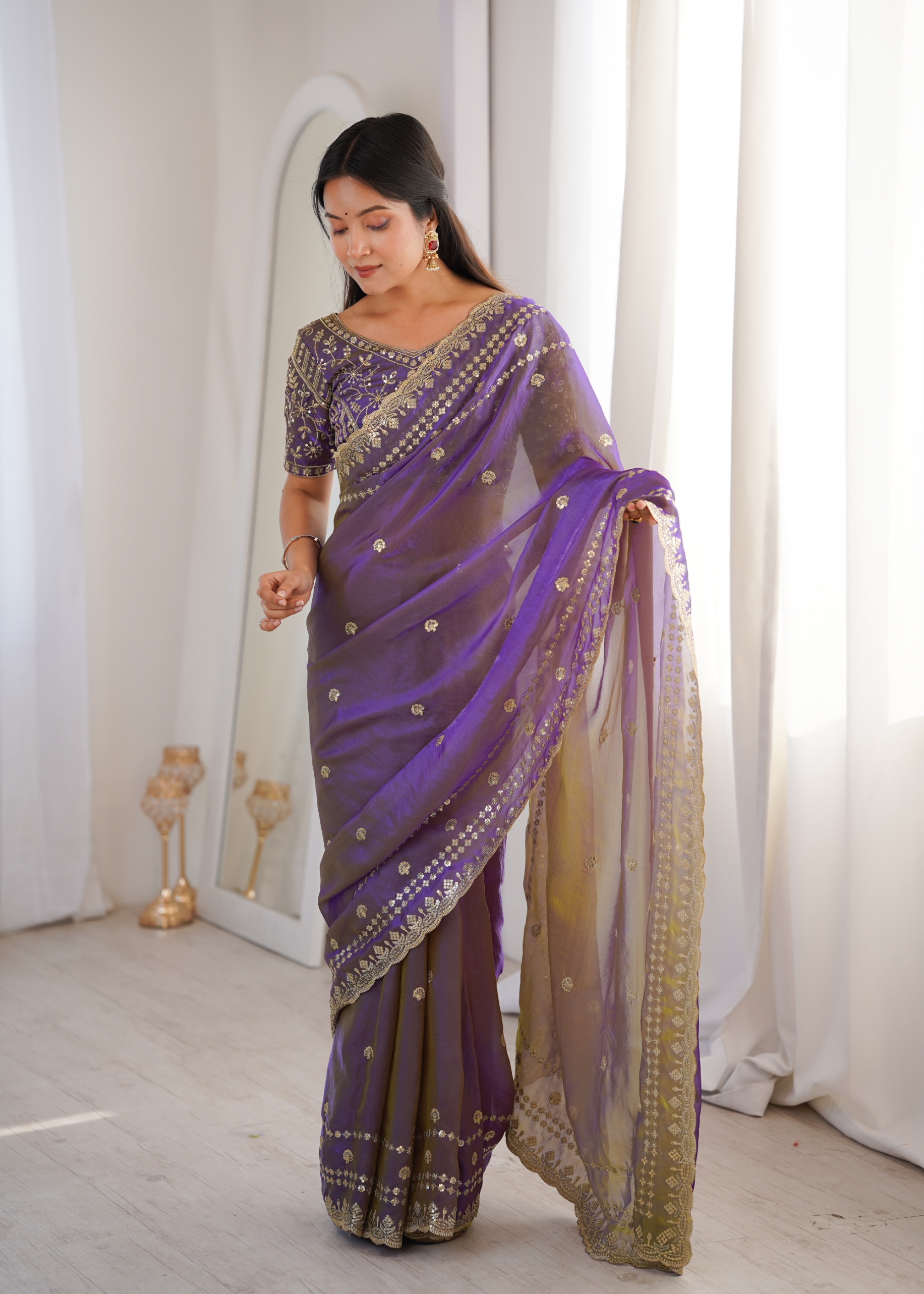 Purple Mughal Sequin Fendy Satin Saree