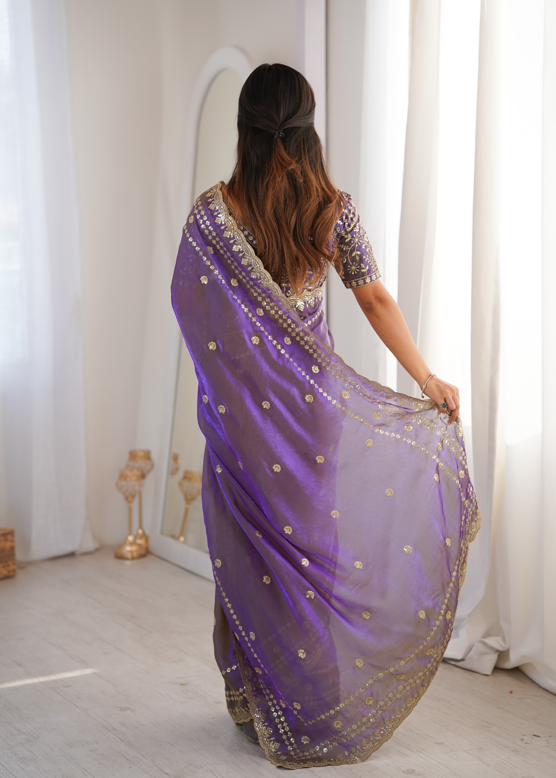 Purple Mughal Sequin Fendy Satin Saree — alternate view