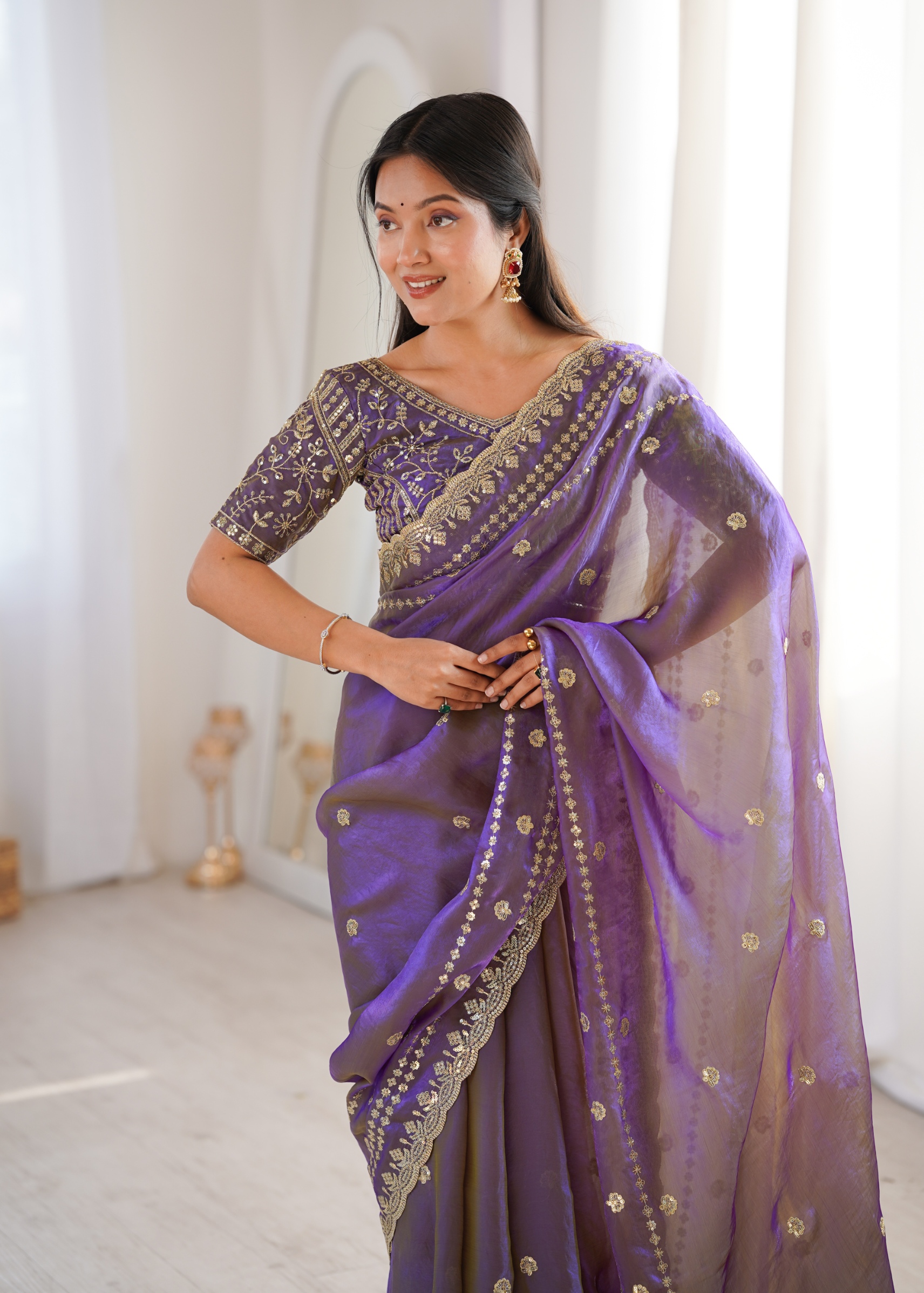 Purple Mughal Sequin Fendy Satin Saree