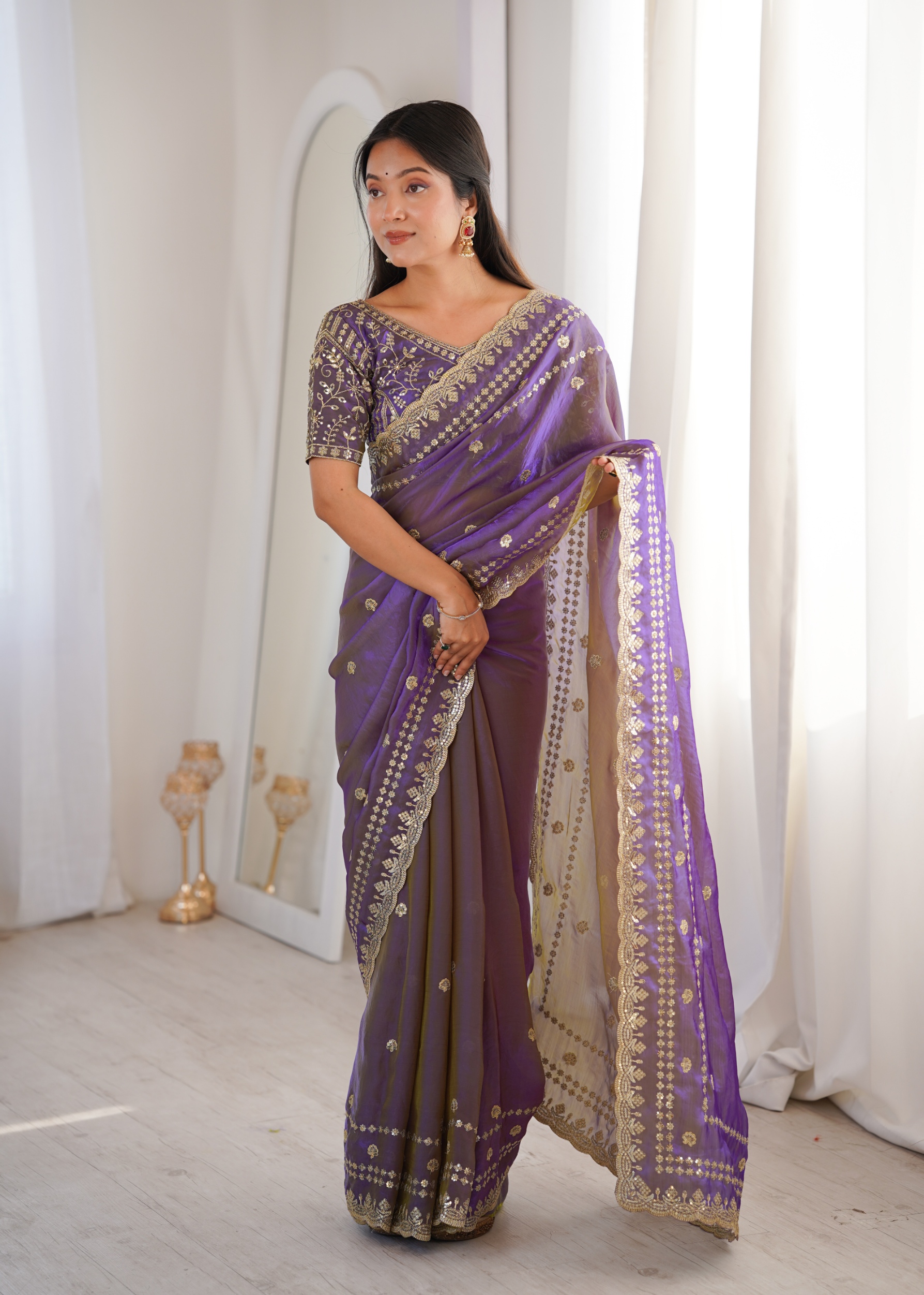 Purple Mughal Sequin Fendy Satin Saree
