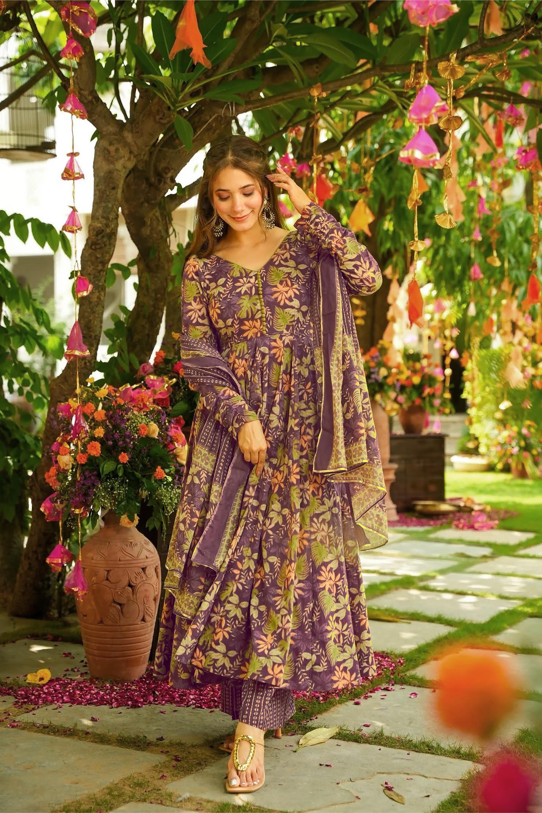 Purple Muslin Digital Printed Palazzo Suit