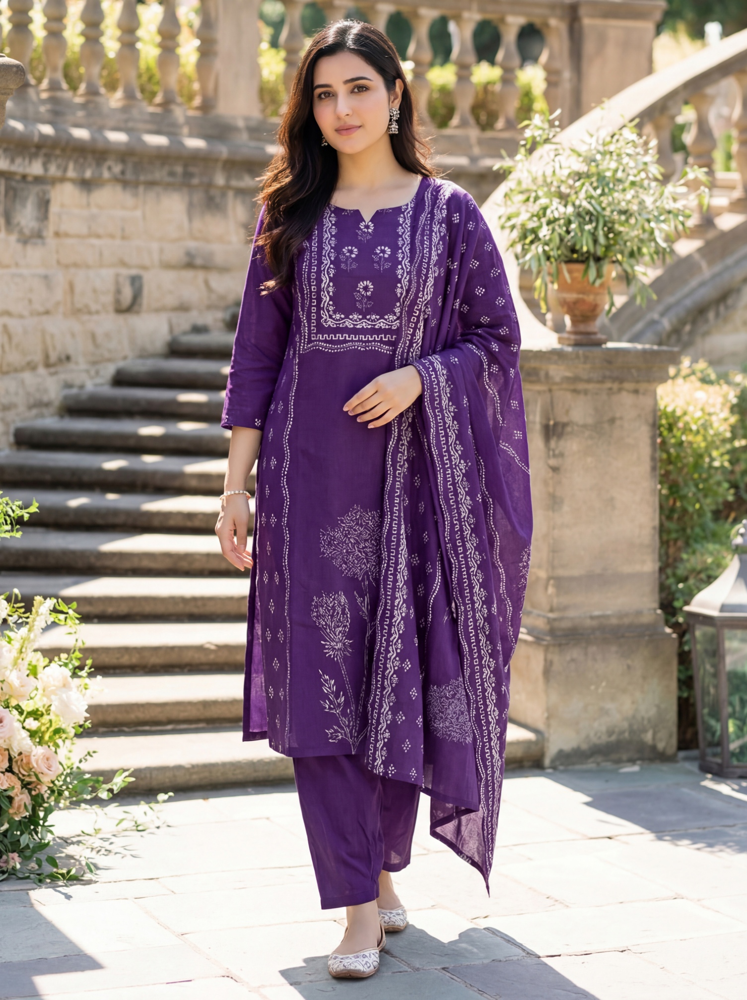 Purple Muslin Printed Straight Kurta Set