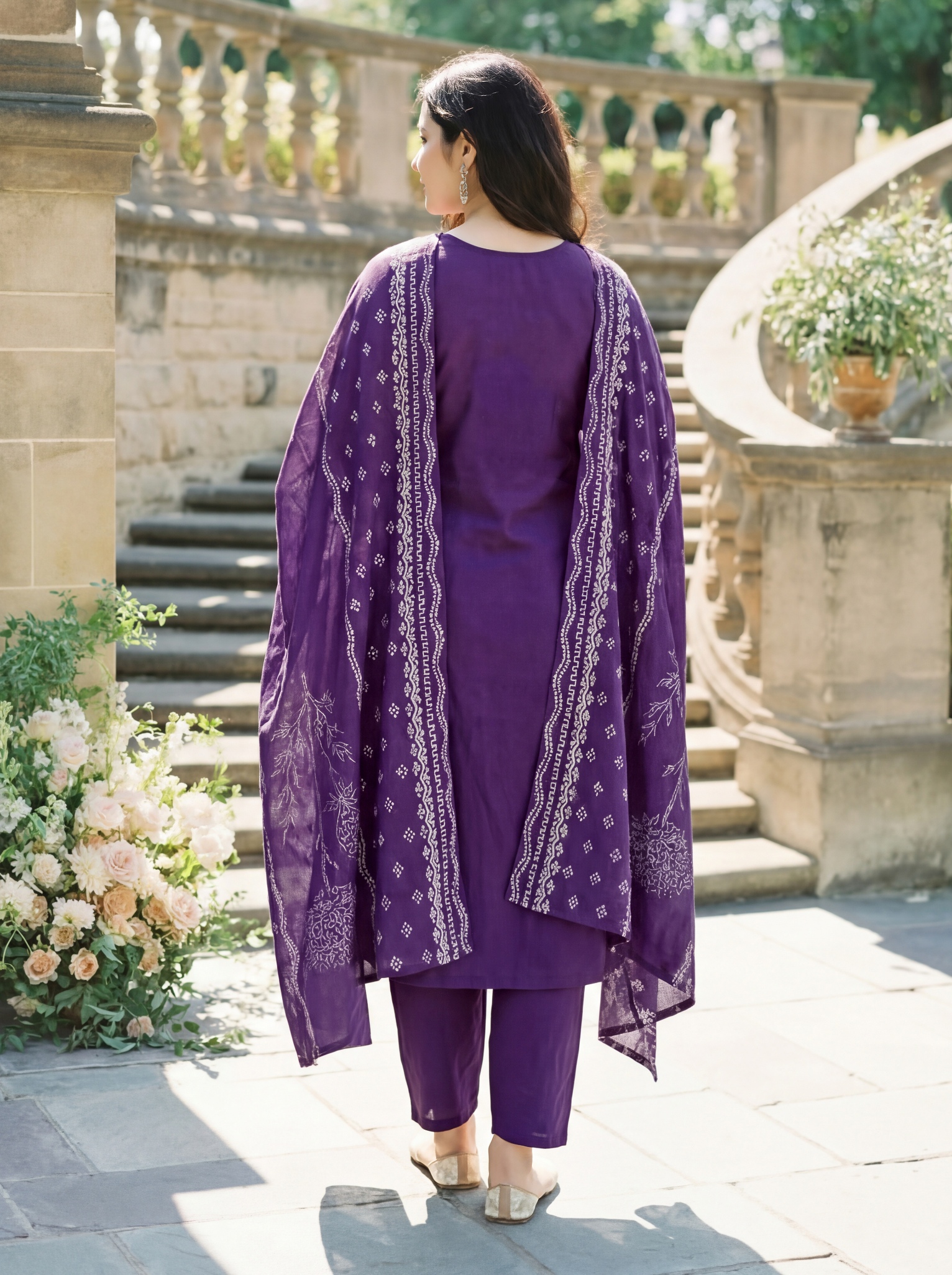Purple Muslin Printed Straight Kurta Set — alternate view
