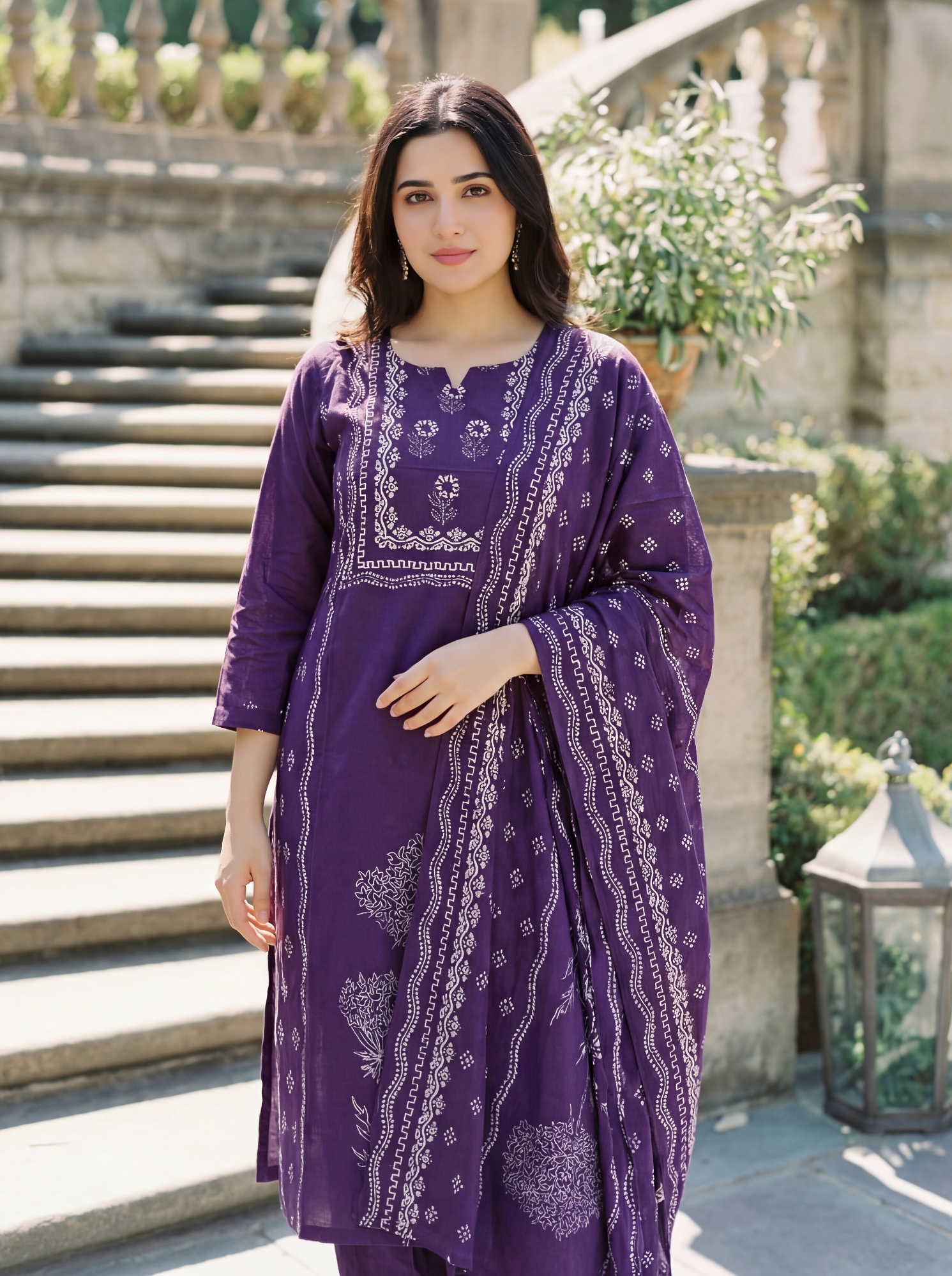 Purple Muslin Printed Straight Kurta Set