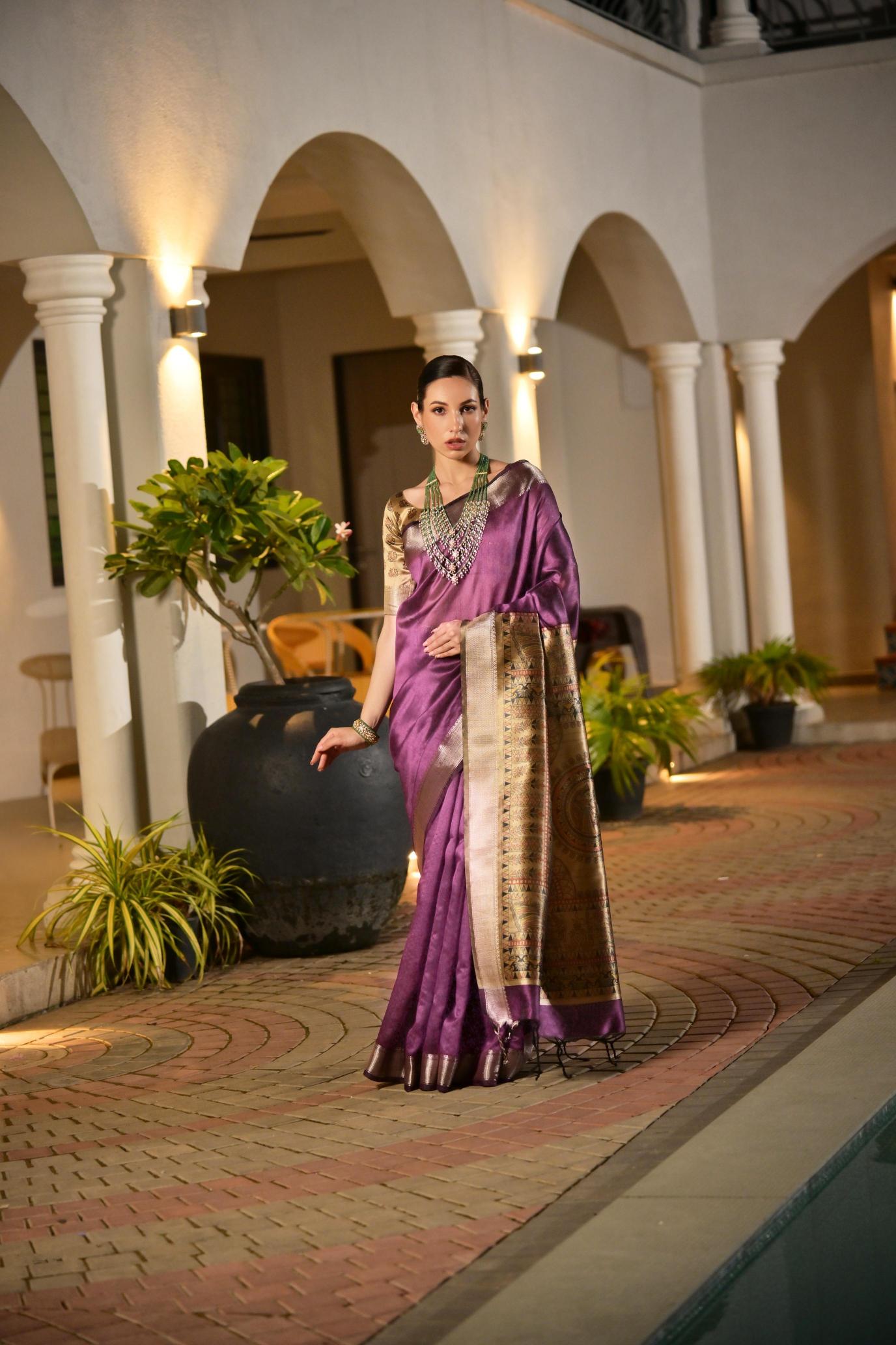 Purple N Beige Khadi Raw Silk Saree