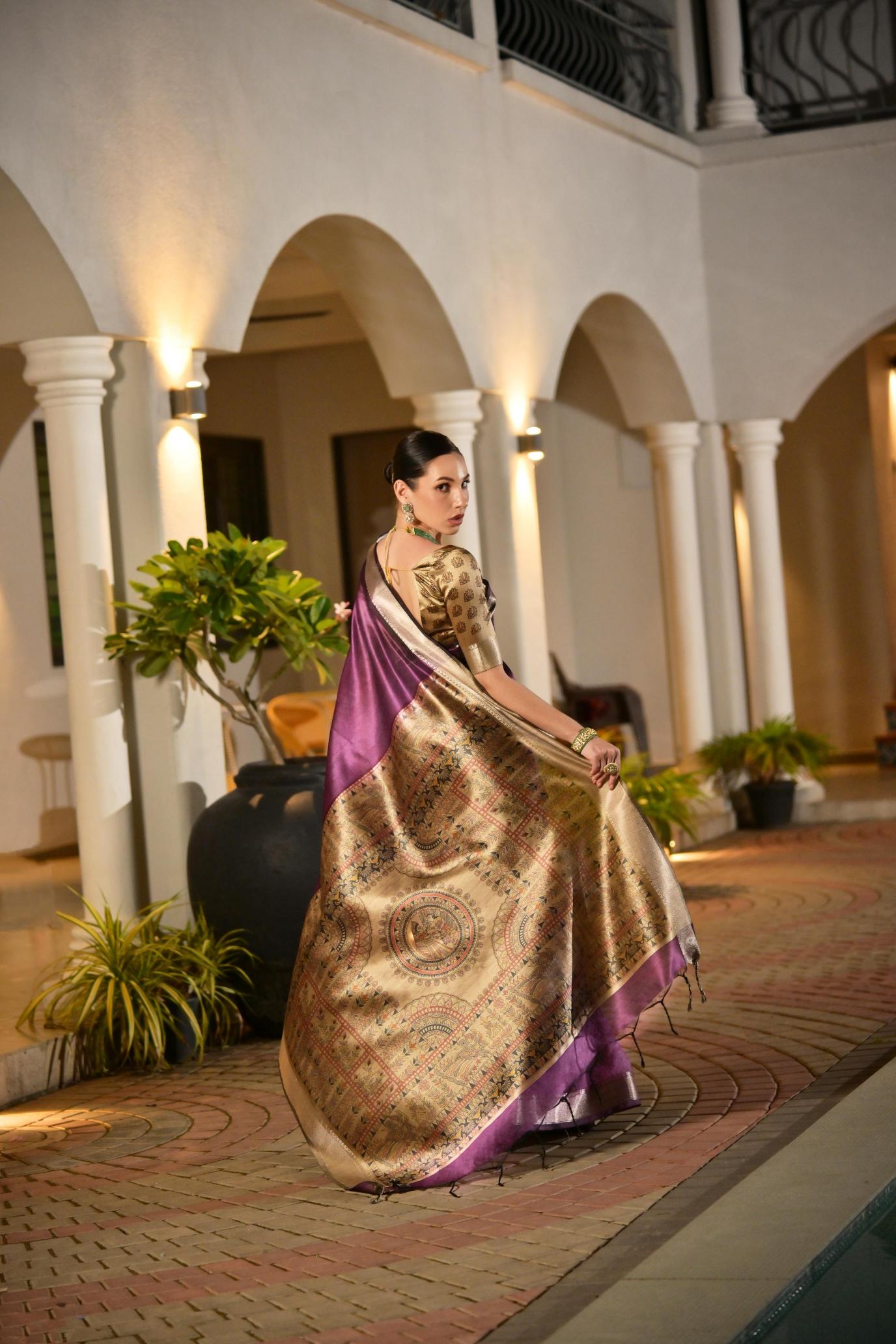 Purple N Beige Khadi Raw Silk Saree — alternate view