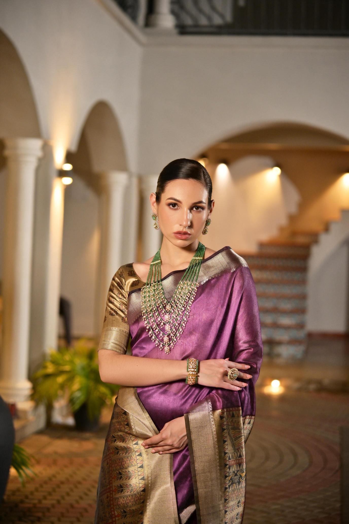 Purple N Beige Khadi Raw Silk Saree