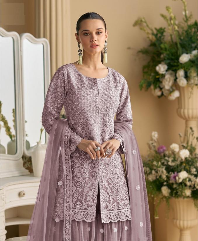 Purple Net Embroidered Palazzo Suit — alternate view
