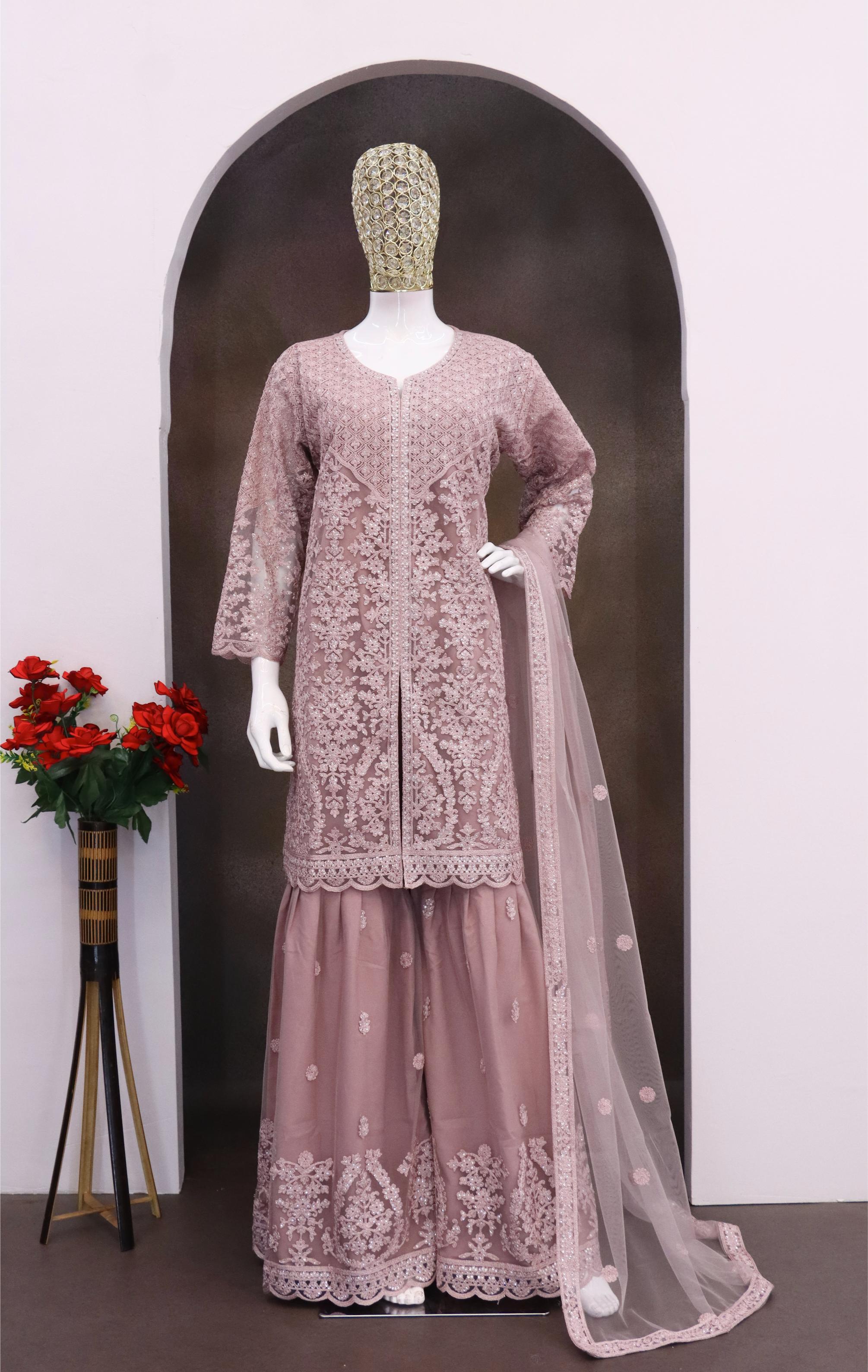 Purple Net Embroidered Palazzo Suit