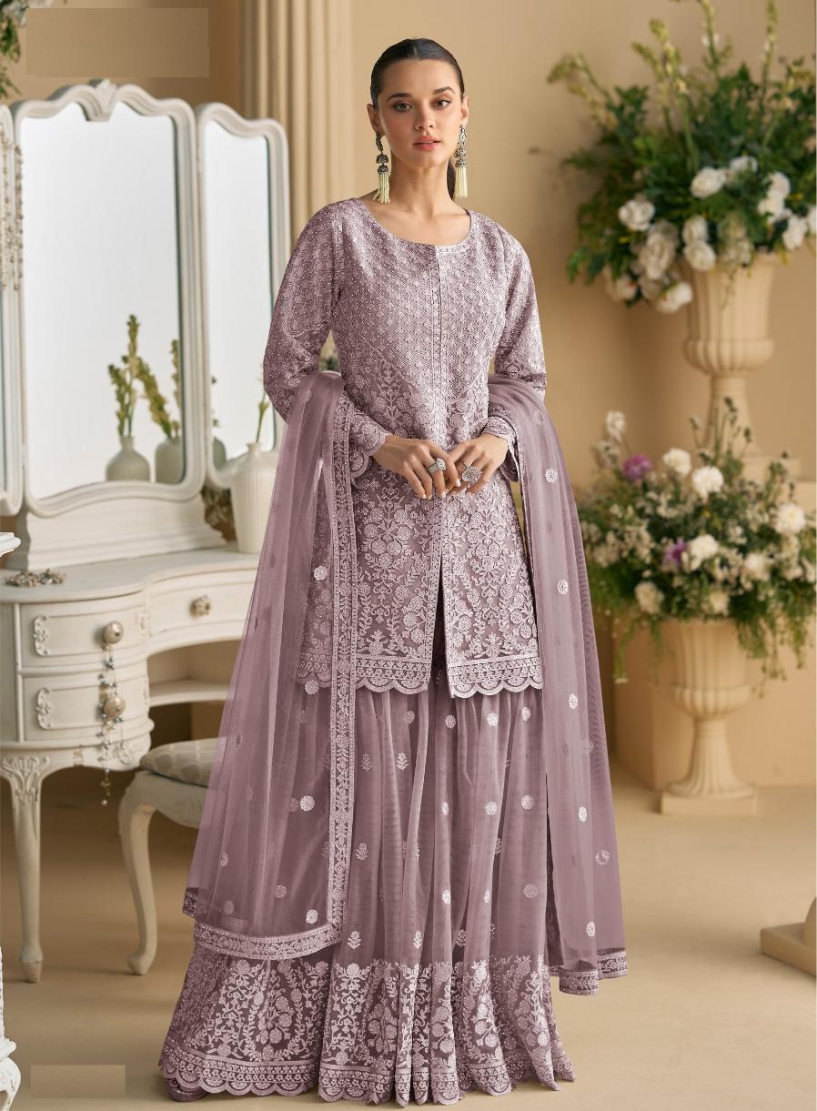 Purple Net Embroidered Palazzo Suit