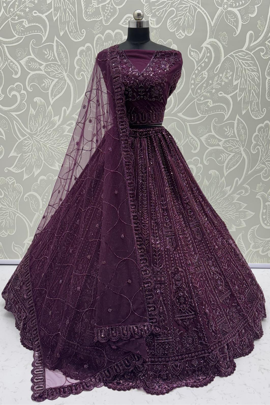 Purple Net Lehenga Choli With Dupatta