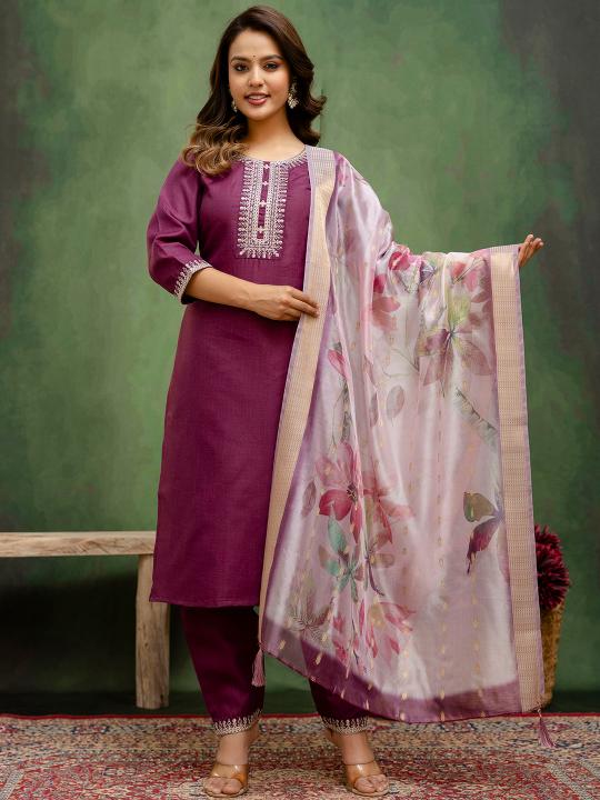 Purple Off White Cotton Readymade Suit
