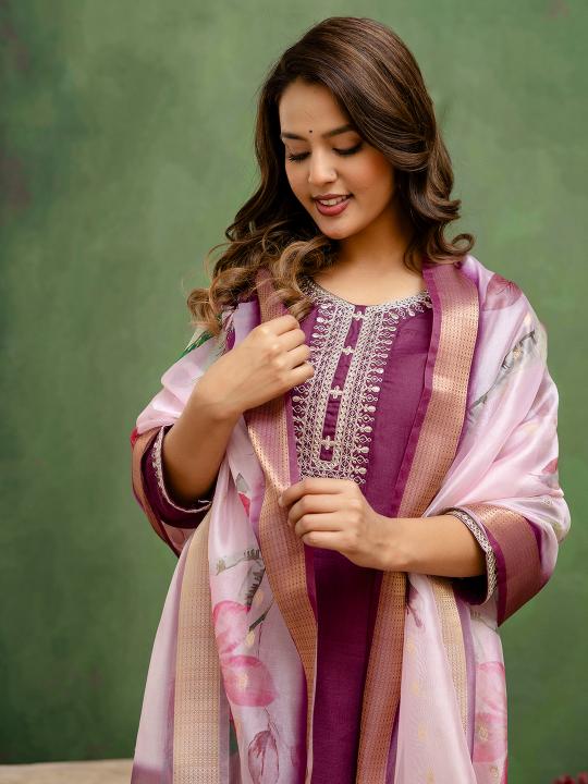 Purple Off White Cotton Readymade Suit