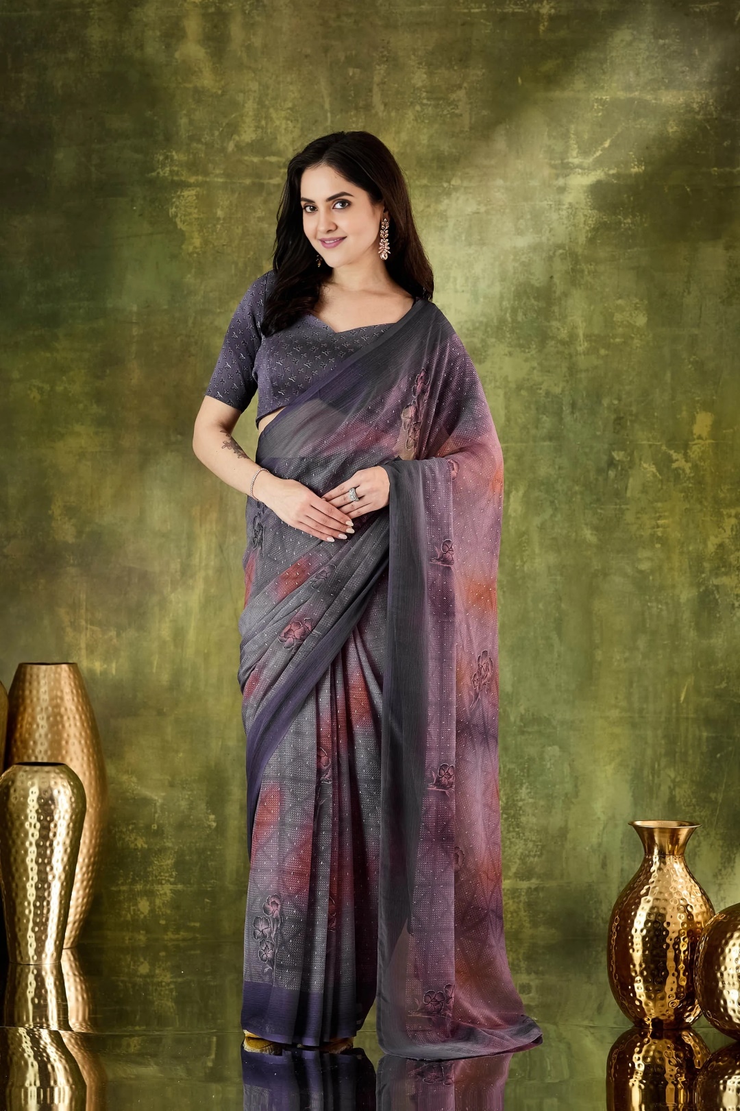 Purple Ombre Floral Chiffon Ready To Wear Saree