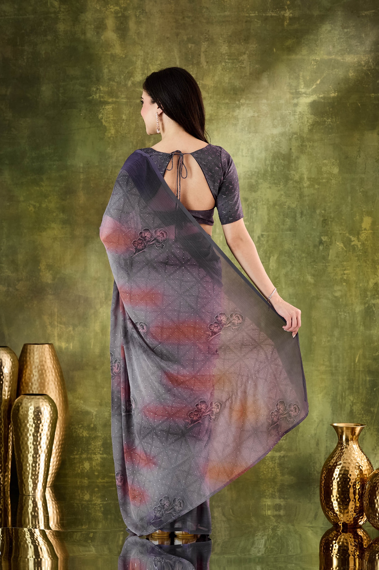 Purple Ombre Floral Chiffon Ready To Wear Saree — alternate view