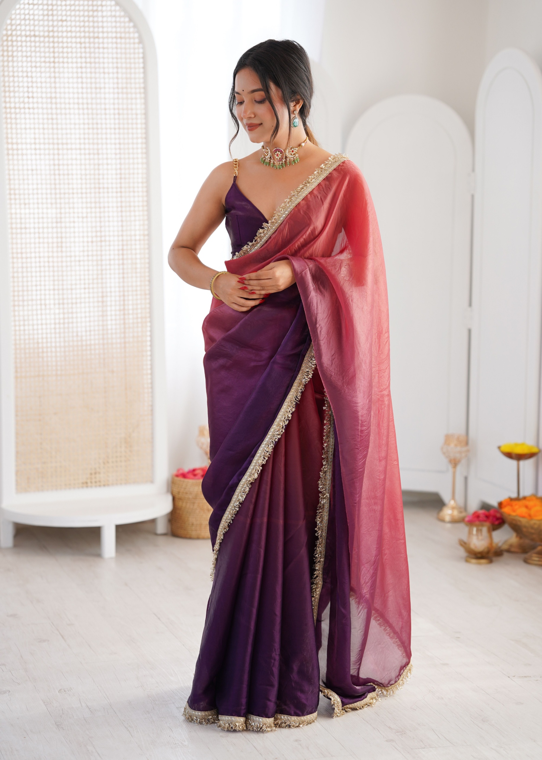 Purple Ombre Lace Fendy Satin Saree