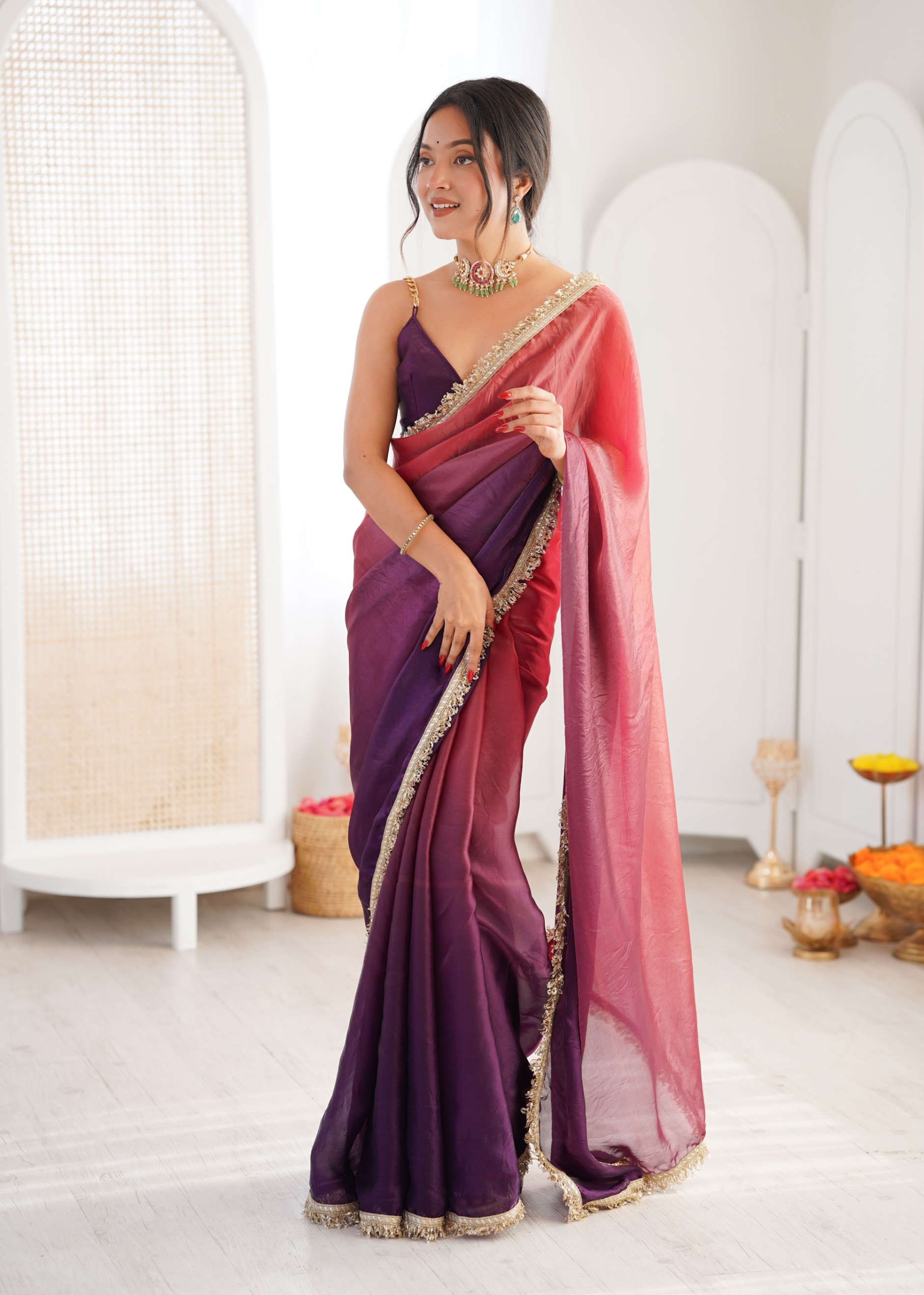 Purple Ombre Lace Fendy Satin Saree — alternate view