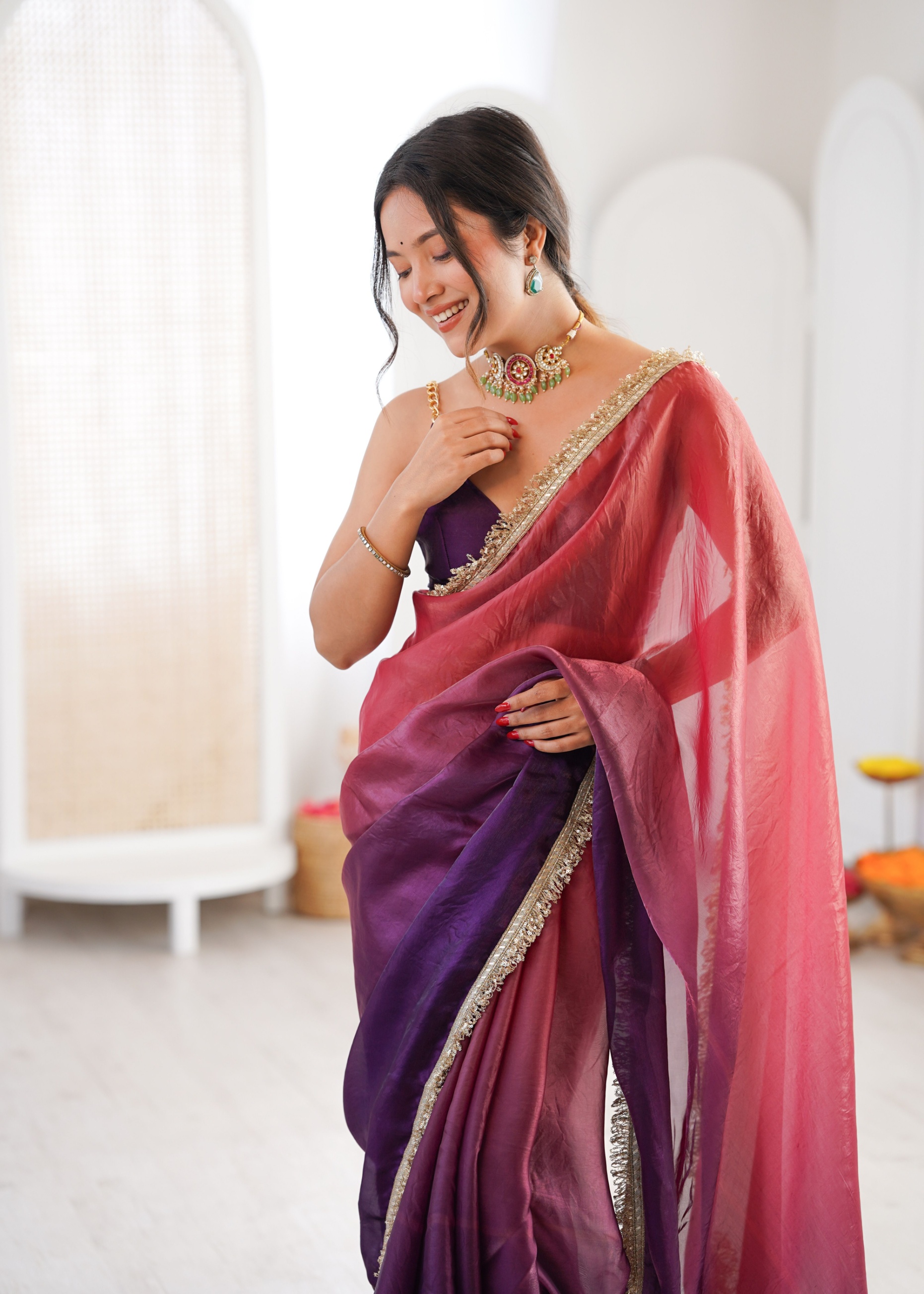 Purple Ombre Lace Fendy Satin Saree