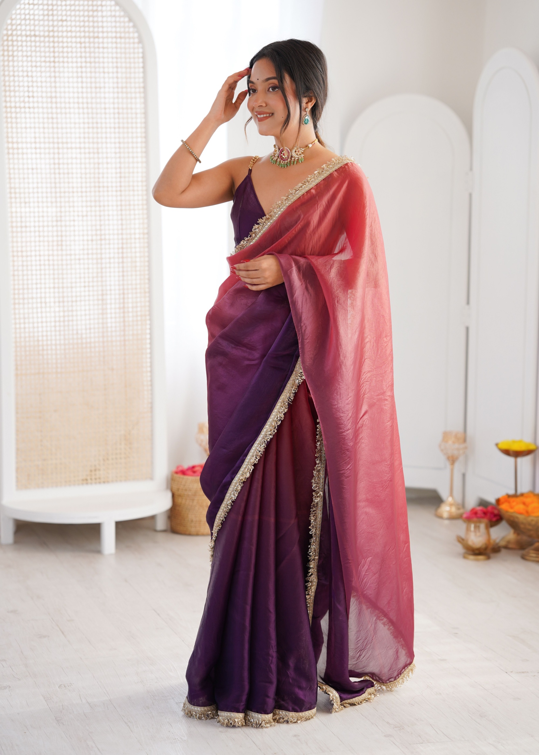 Purple Ombre Lace Fendy Satin Saree