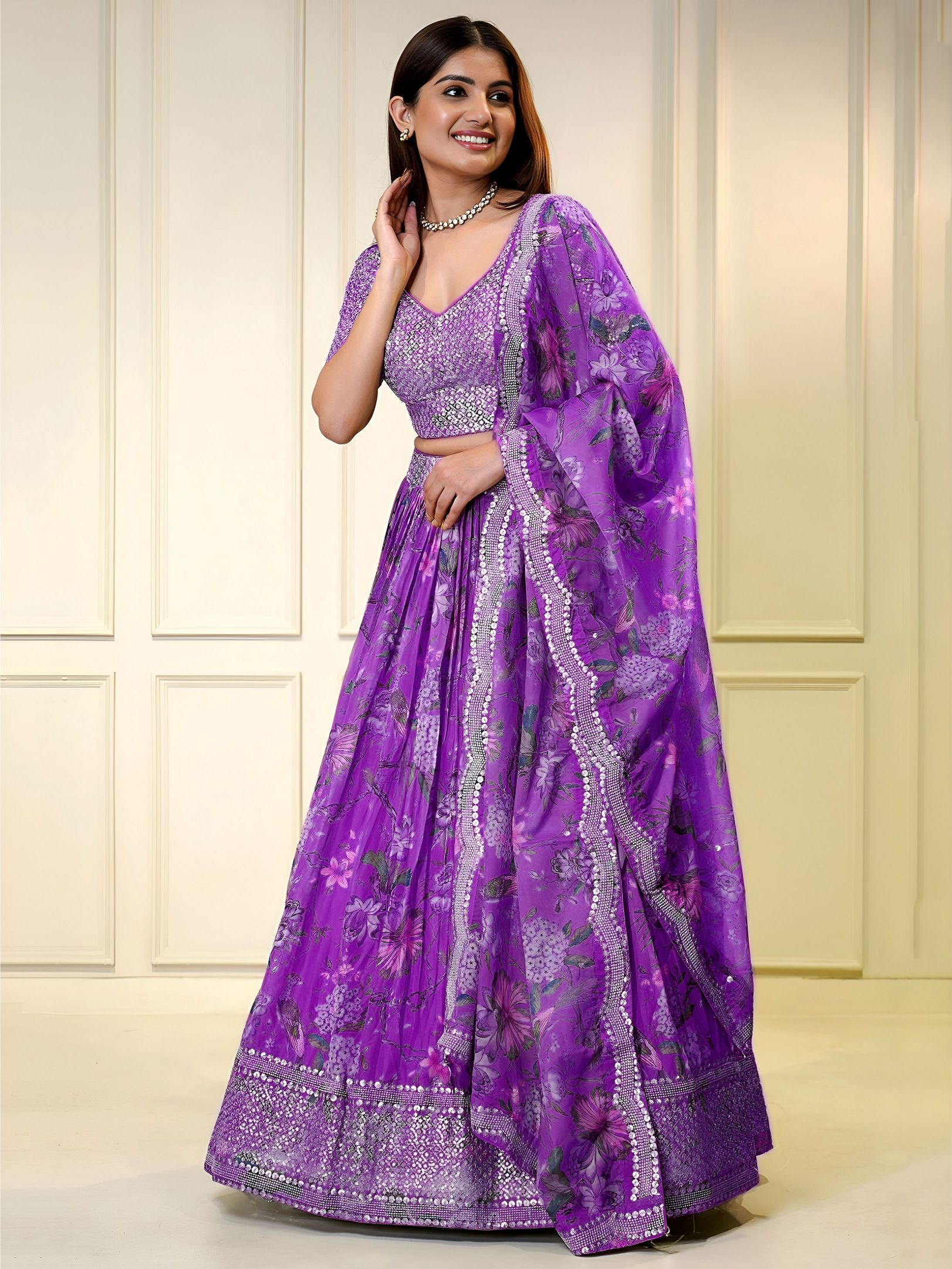 Purple Organza Digital Printed Sequins Zari Embroidered Lehenga Choli