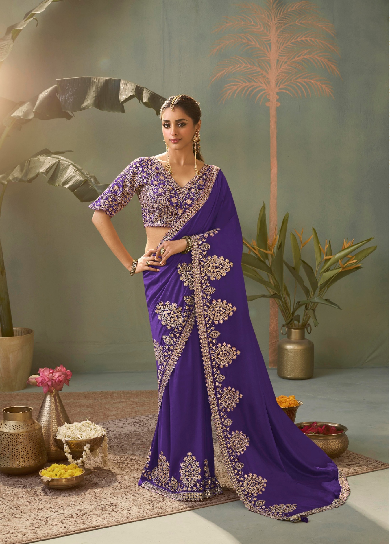Purple Ornamental Gota Patti Bamber Silk Saree