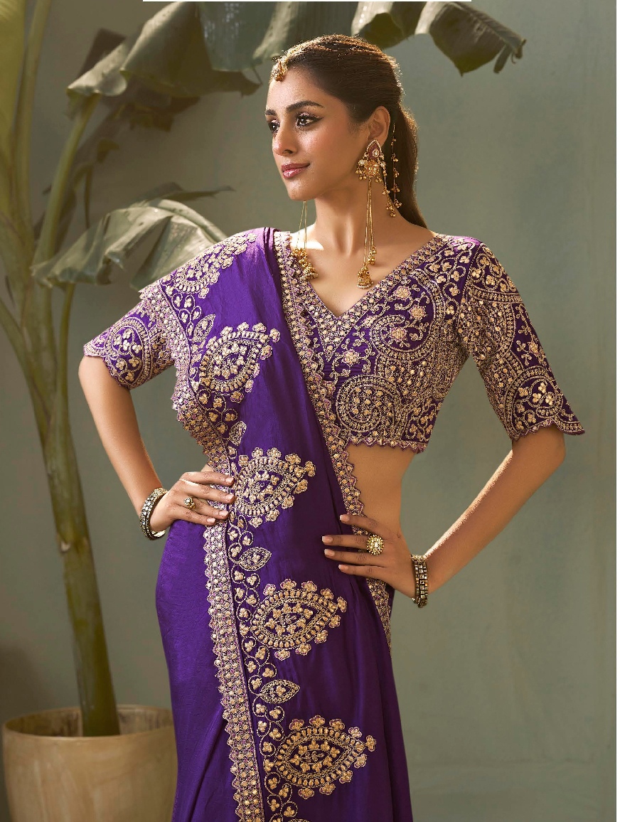 Purple Ornamental Gota Patti Bamber Silk Saree — alternate view