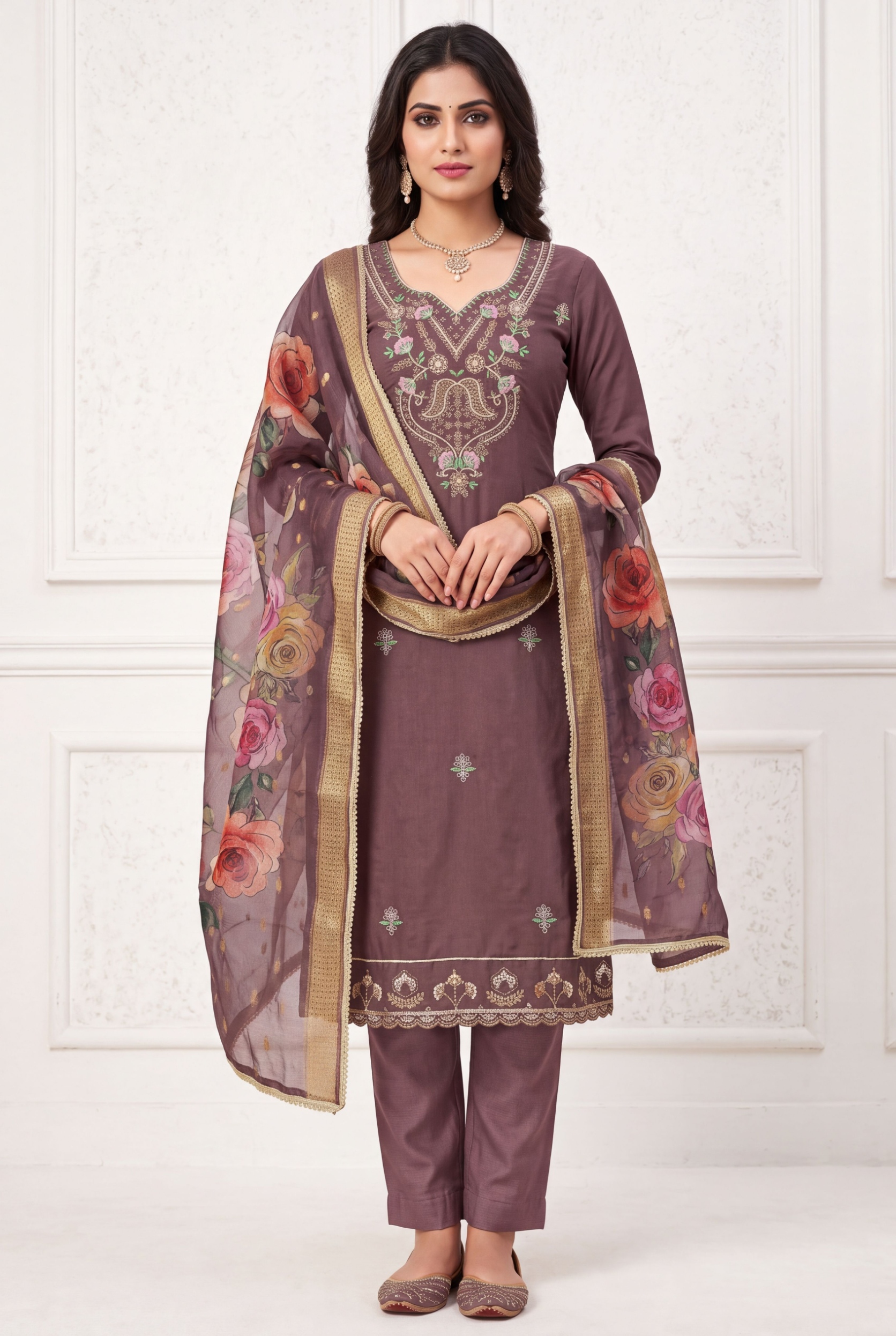 Purple Ornate Floral Cotton Silk Straight Suit