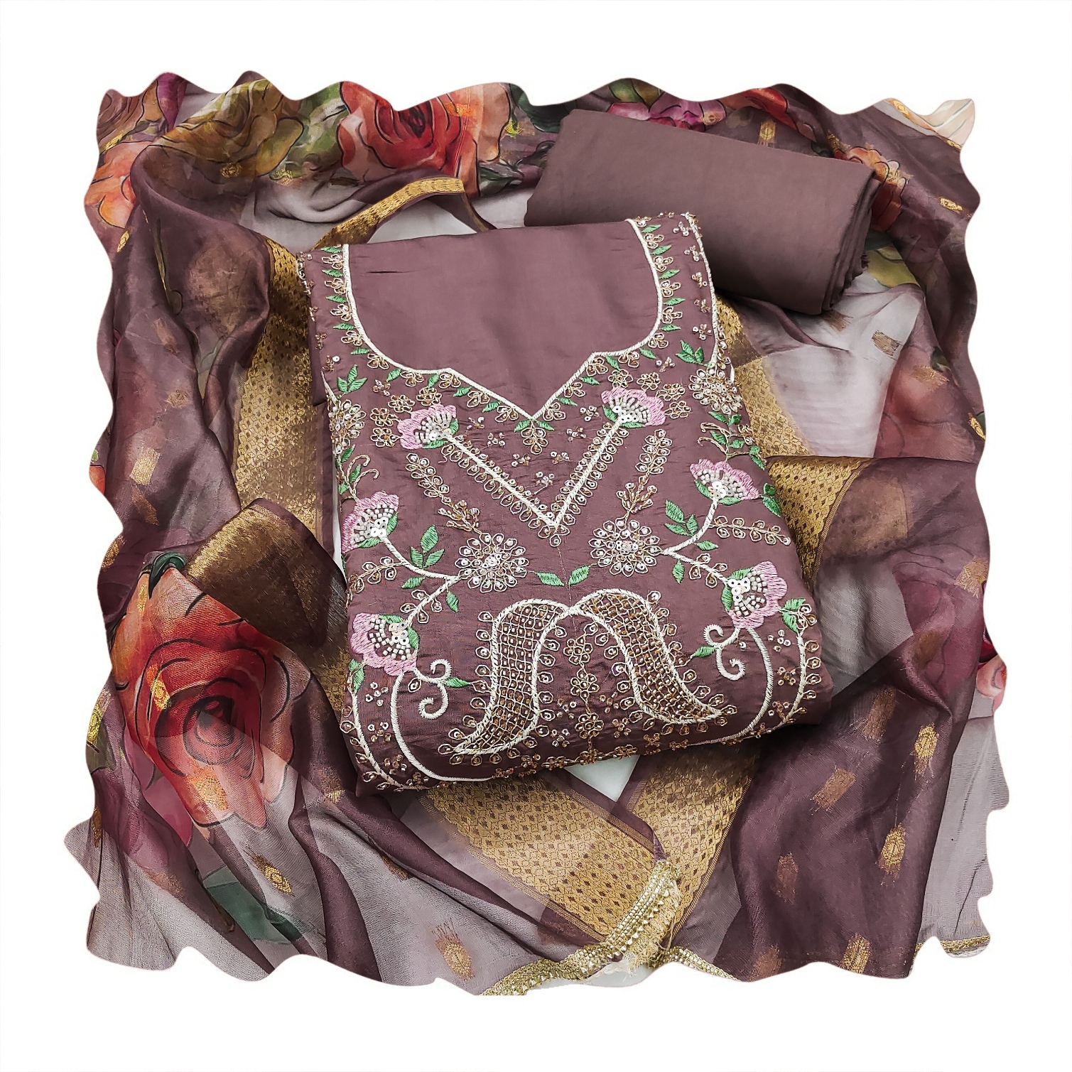 Purple Ornate Floral Cotton Silk Straight Suit — alternate view